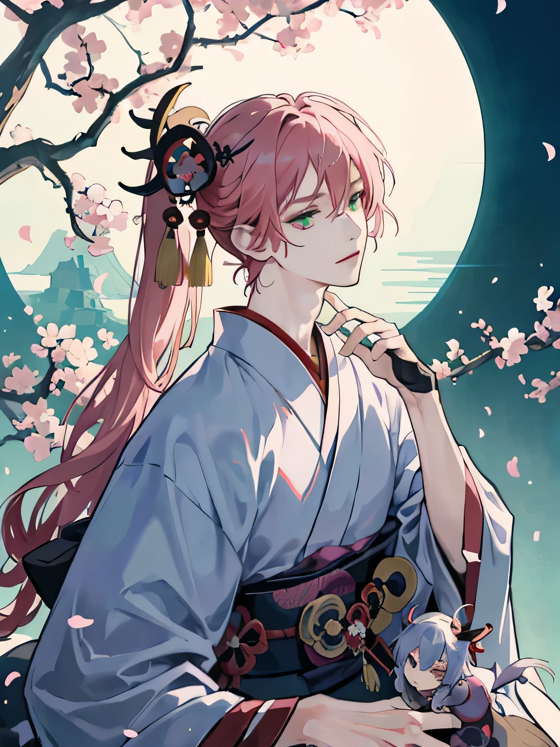 anime male in a traditional japanese outfit standing in front of a big sakura tree, hakama, onmyoji, youkai, green eyes, kimura asagi, ((wearing long aristocrat robe)), rom arknights, sasoura, best anime 4k konachan wallpaper, onmyoji portrait, long pink haired deity, innocent face, Capture a low-light image, with minimal lighting and a focus on the subtle details and atmosphere of the scene. BREAK , Create an image inspired by the beauty of Japanese ukiyo-e, with delicate lines, flat colors, and an emphasis on pattern and composition.