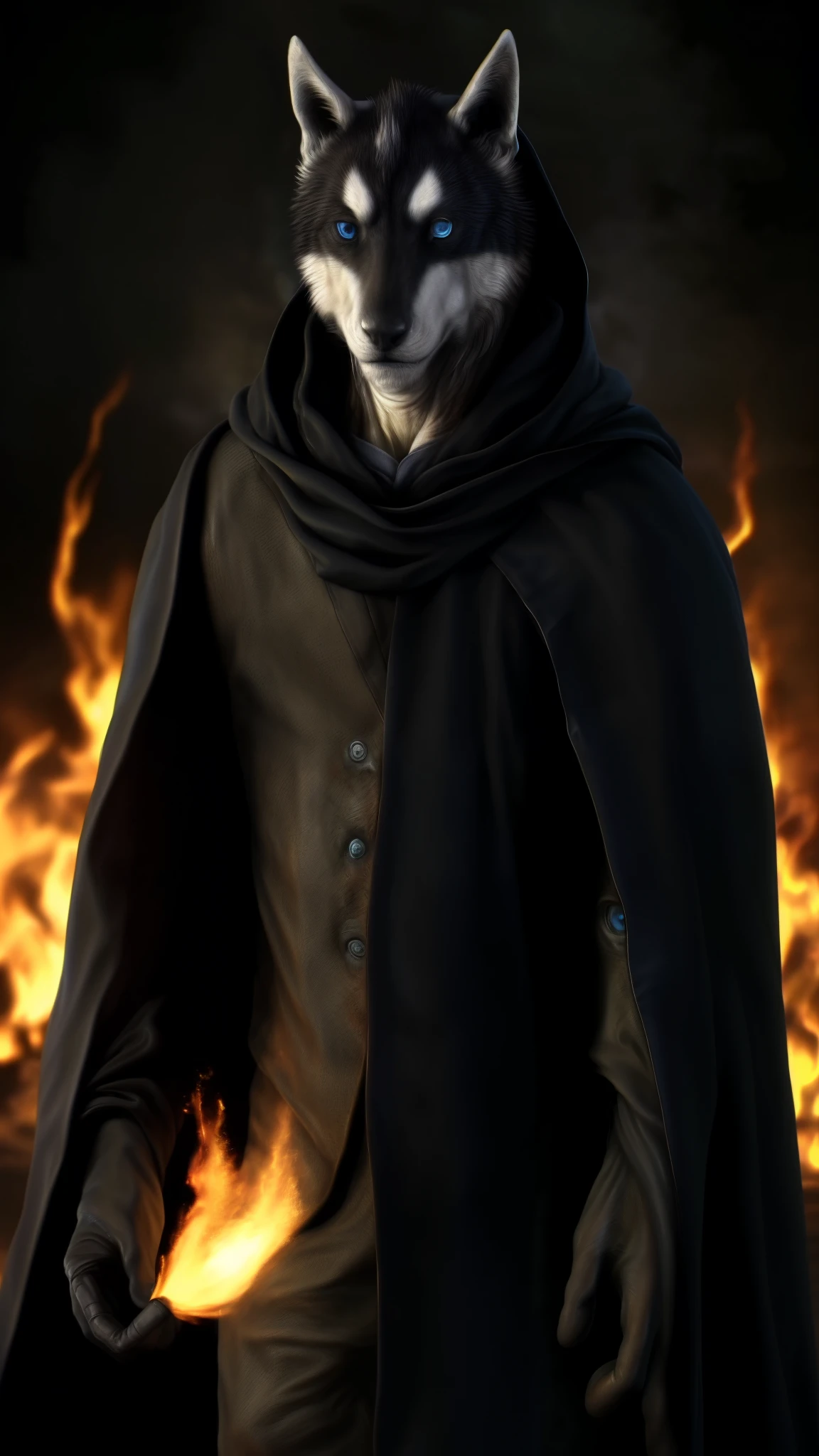 (best quality, 4k, 8k, high, masterpiece: 1.2), ultra-detailed, (realistic, photorealistic, photorealistic: 1.37), (the ultimate Orochi kuugo) looking at the viewer with blue eyes, wearing a black cape with hood and the same outfit as iori yagami detailed fire background full body background from The King of Fighters XV  