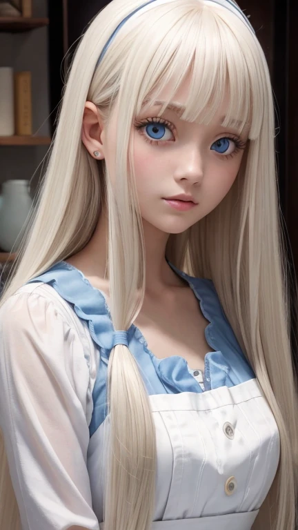 bright look、photorealism、highest quality、Super high resolution、picture、Photo of an exquisitely beautiful Scandinavian girl、extraordinary beautiful girl、cute and beautiful face details、(Pueros face_v1:0.008)、beautiful bangs、alice in wonderland、18-year-old、Shining white skin、hair run that extends to the face、bangs between the eyes、super long hair、Attractive light and dark platinum blonde super long straight silky hair、thin hair、Charming shining beautiful bright clear light blue big eyes、white apron、yellow dress、eyeliner、double eyelid、rich bust