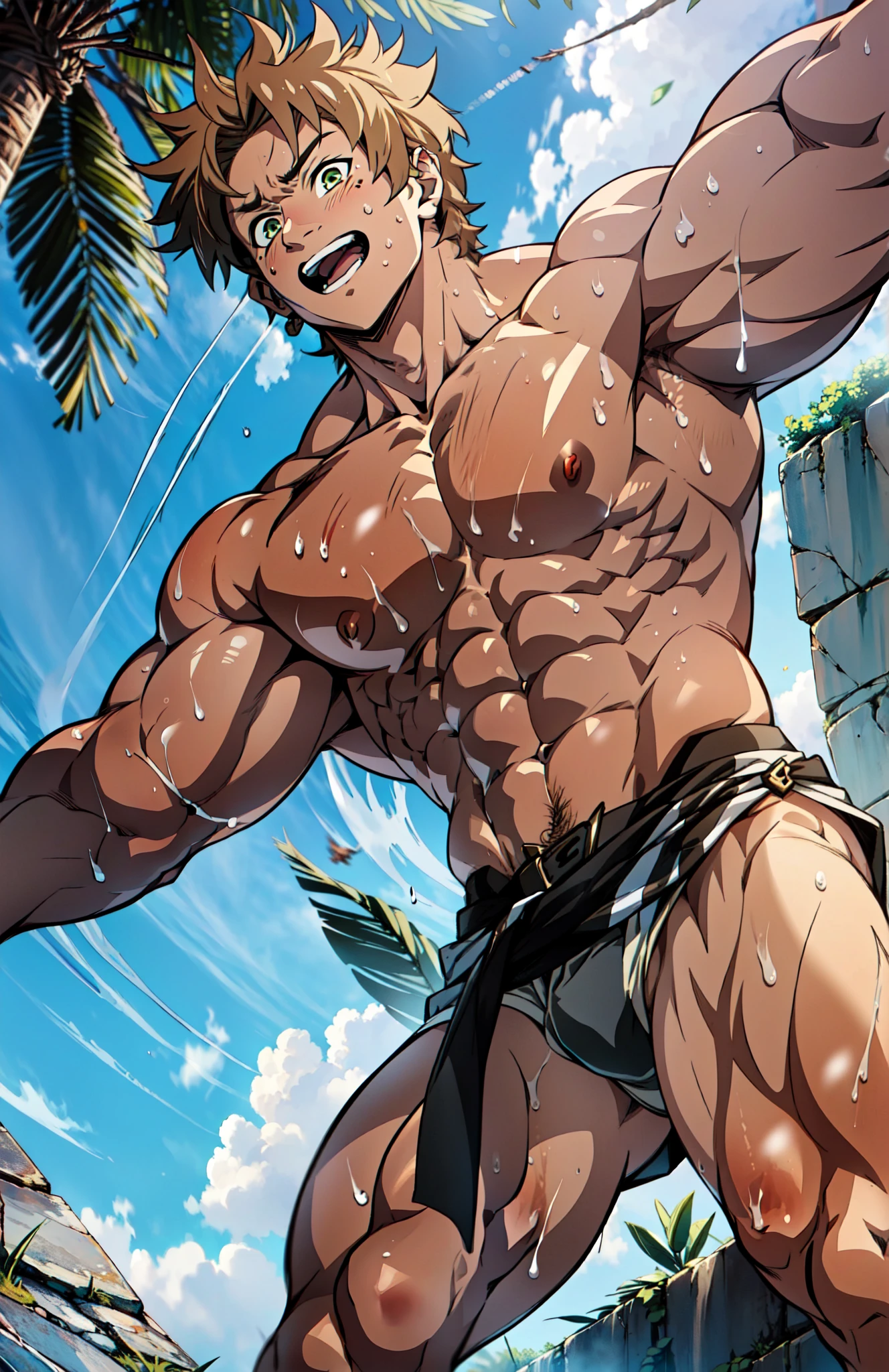 Showing off his muscular muscular back, red skin, bright red skin, the boy blushed shyly , rosy skin, shiny skin(muscular thigh muscles )( anime style, art) (photo angle from bottom up) (photo angle from the ground upwards) [Anime photo][highest quality photo][4k,HD photo quality ] wear tight and short loincloths , bulging loincloths, torn loincloths, wet loincloths, ancient, dirty loincloths (muscular thigh muscles, firm thigh muscles, muscular thigh muscles, sinewy thigh muscles, giant thigh muscles, strong leg muscles, muscular hamstring leg muscles)(thigh muscles bulging as if about to explode, muscular, calloused, sinewy, giant) , Rudeus Greyrat,fun, happy, huge body, muscular and muscular, bodybuilder, bodybuilding, standing, lots of sweat flowing down, topless, shirtless, hot sunny, 8 pack abs , short hair , green eyes, Side View , Raise your arms high to reveal your armpits, Hands behind the head.