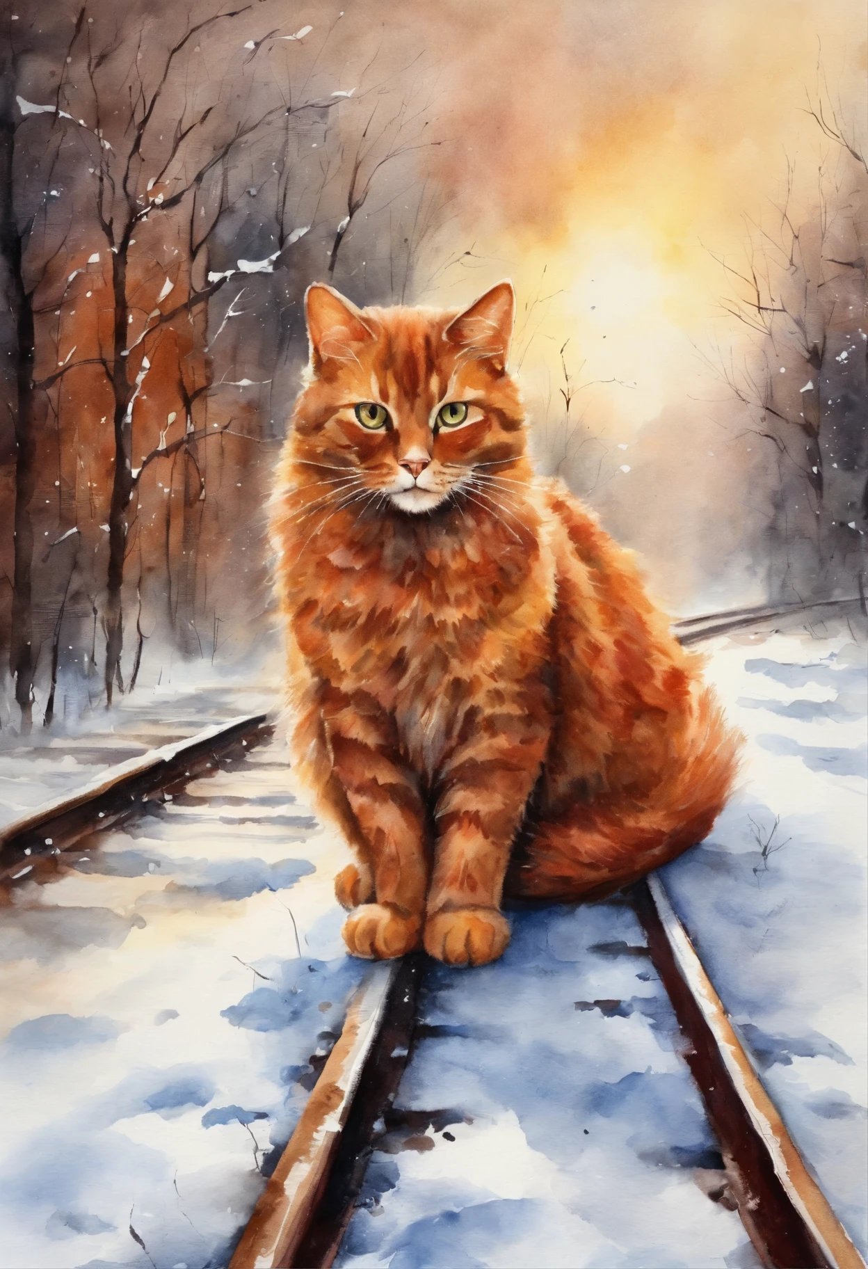The soul of a red cat, sky, clouds, railway goes into the sky,snow, snowfall, railway tracks, train, cat tracks