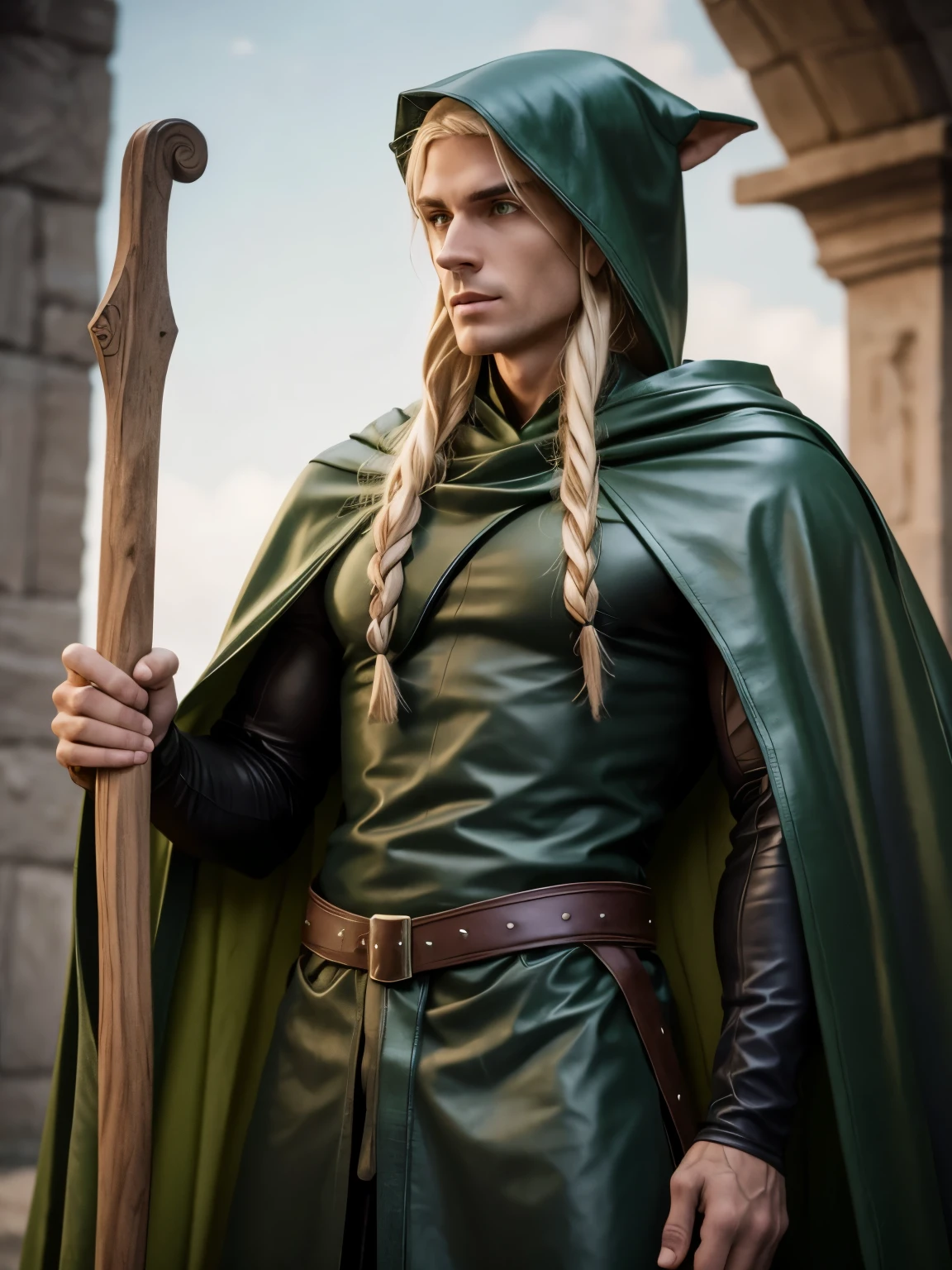 male elf, detailed elf ears, skinny, toned muscles, long braided blonde hair, green leather cape, green leather hood, black leather robe, full body view, holding a vertical oak staff,