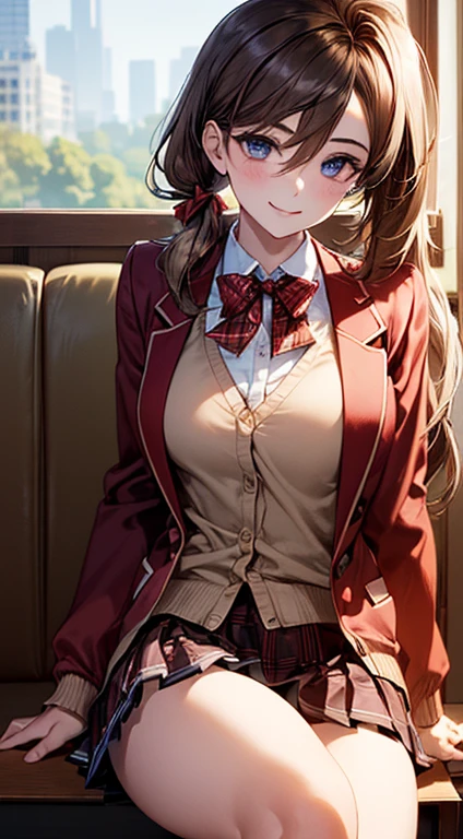 (masterpiece:1.2, highest quality), (realistic, photorealistic:1.4), beautiful illustrations, NSFW, looking at the viewer, cowboy shot, Front view:0.6, 1 girl, Japanese, high school girl, light brown hair, (long hair:1.8), (side ponytail:1.7), bangs, hair between eyes, blue eyes, big breasts:0.8, (thick thighs), beautiful hair, beautiful face, beautiful and fine eyes, beautiful clavicle, beautiful body, beautiful breasts, beautiful thighs, beautiful feet, beautiful fingers, (beautiful scenery), dawn, Cafe Shop, ((Red Blazer, pleated mini skirt, white socks, Red Private School Uniform:1.2, Light blowing cardigan, red plaid pleated skirt, Red plaid bow tie, Red plaid hair ribbon)), pink panties, (undulating), ((seductive posture: 1.2, charm: 1.2)), (idle state), (erotic, sexy, upper eye, smile), shiny skin, perfect face, Cute symmetrical face, natural side lighting, movie lighting), Sitting chair, hands between tables,
