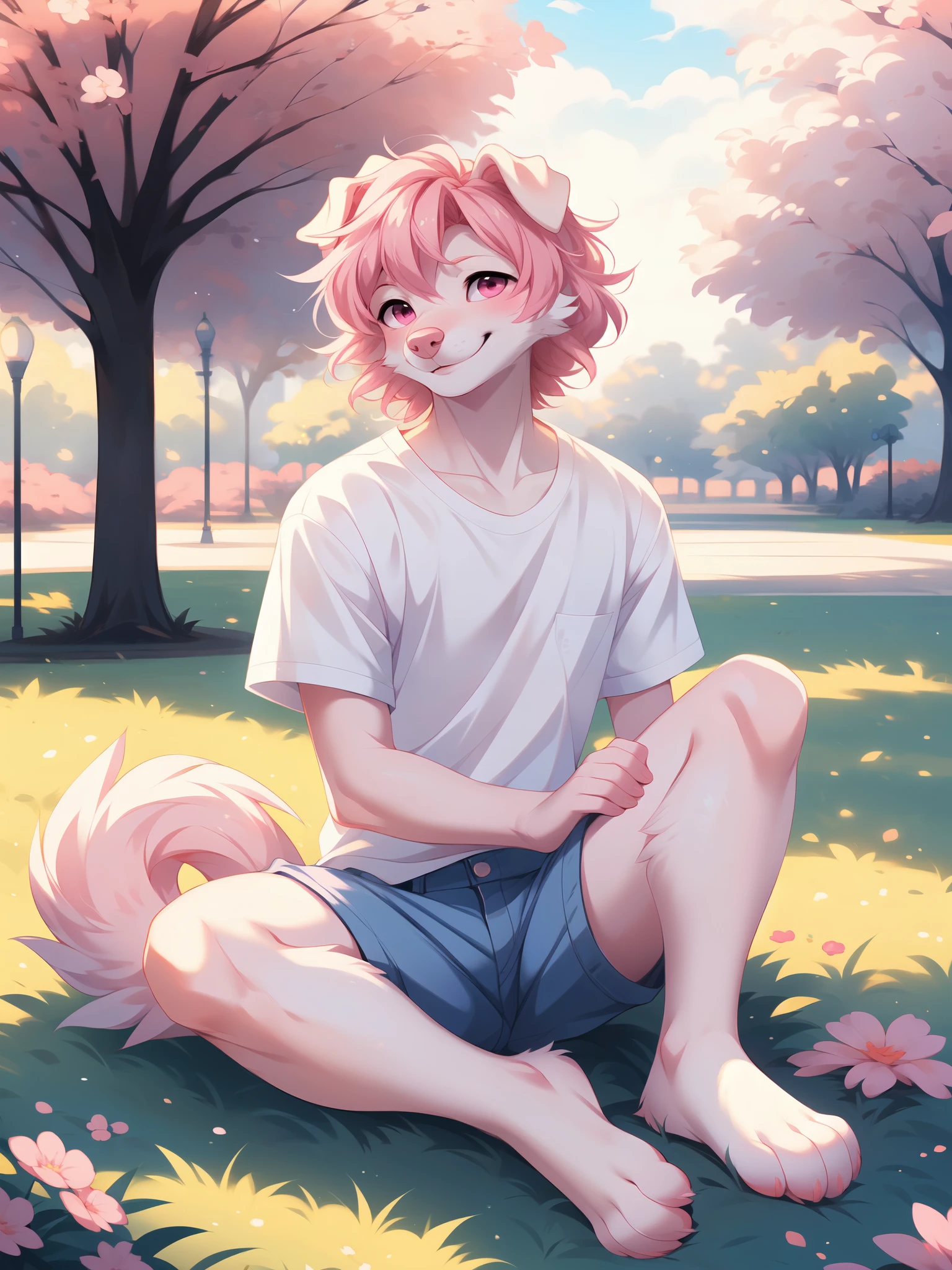 By hioshiru, by fumiko, by hyattlen, Athena, pink domestic dog male, pink eyes, white sclera, short elegant curly pink hair, pink nose, pink dog tail, white t shirt, jean shorts, barefoot, smiling, in a park outdoors