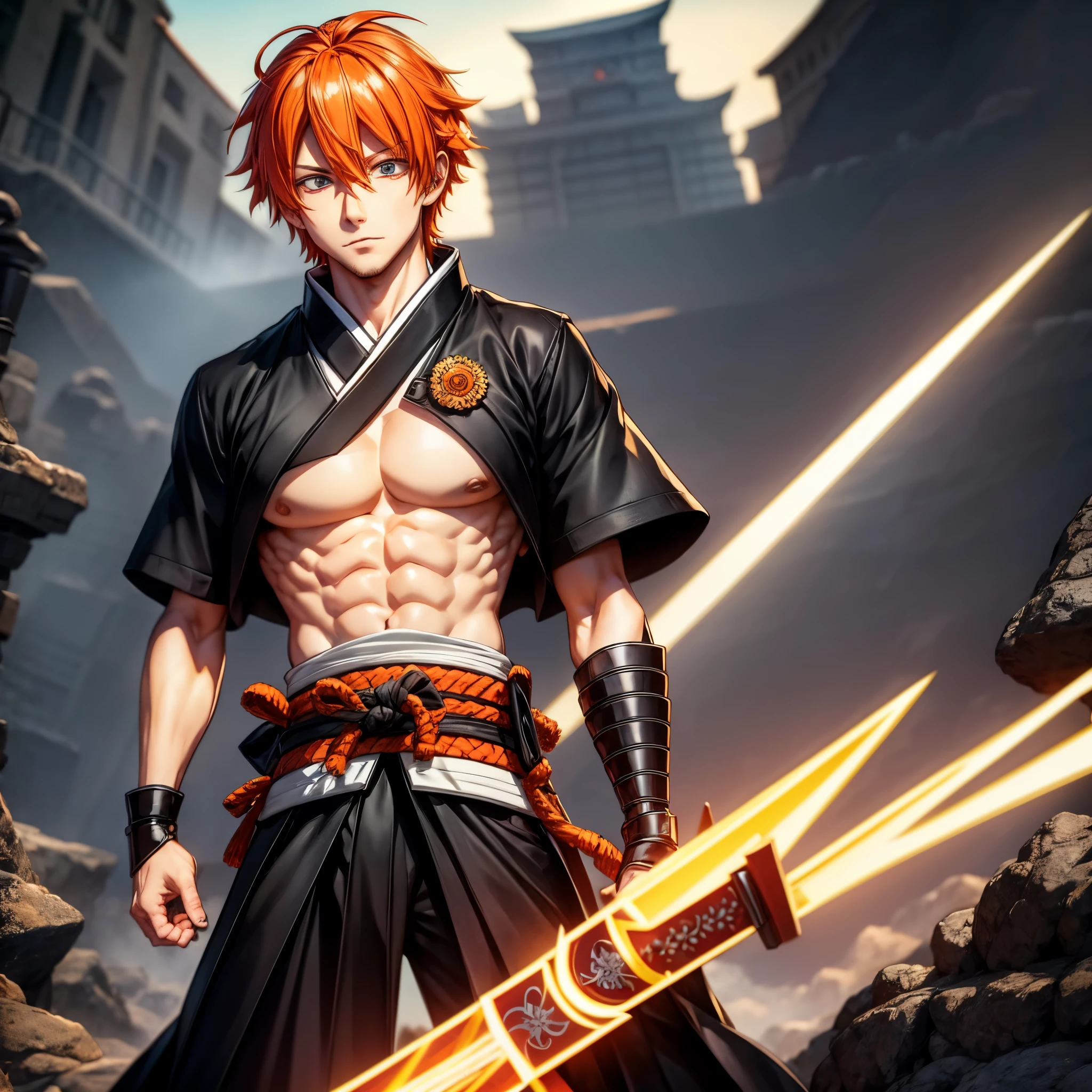 Ichigo-Kuroski Character ((Male)) , Orange Hair Ichigo Bleach style , One (( Samurai)) Bankai sword, Black Eyes , (( CUTE )) , Only One Character , (( Focus on a Character )) , Digital Anime combat Pose, Powerful , Beautiful Man , large black Sword, multidimensional geometric wall PORTRAIT, arte, Chibi, Yang08k, lindo, Colouring, Primary works, qualidade superior, melhor qualidade, Arte Oficial, Beautiful and Aesthetic, varied multi etc. --v 6 --s 1000 --c 20 --q 20 --chaos 100