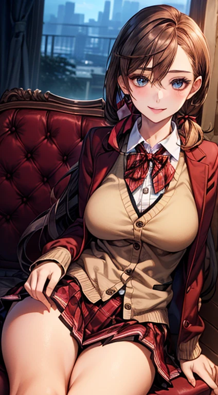 (masterpiece:1.2, highest quality), (realistic, photorealistic:1.4), beautiful illustrations, NSFW, looking at the viewer, cowboy shot, Front view:0.6, 1 girl, Japanese, high school girl, light brown hair, (long hair:1.8), (side ponytail:1.7), bangs, hair between eyes, blue eyes, big breasts:0.8, (thick thighs), beautiful hair, beautiful face, beautiful and fine eyes, beautiful clavicle, beautiful body, beautiful breasts, beautiful thighs, beautiful feet, beautiful fingers, (beautiful scenery), dawn, Cafe Shop, ((Red Blazer, pleated mini skirt, white socks, Red Private School Uniform:1.2, Light blowing cardigan, red plaid pleated skirt, Red plaid bow tie, Red plaid hair ribbon)), pink panties, (undulating), ((seductive posture: 1.2, charm: 1.2)), (idle state), (erotic, sexy, upper eye, smile), shiny skin, perfect face, Cute symmetrical face, natural side lighting, movie lighting), Sitting chair, hands between tables,