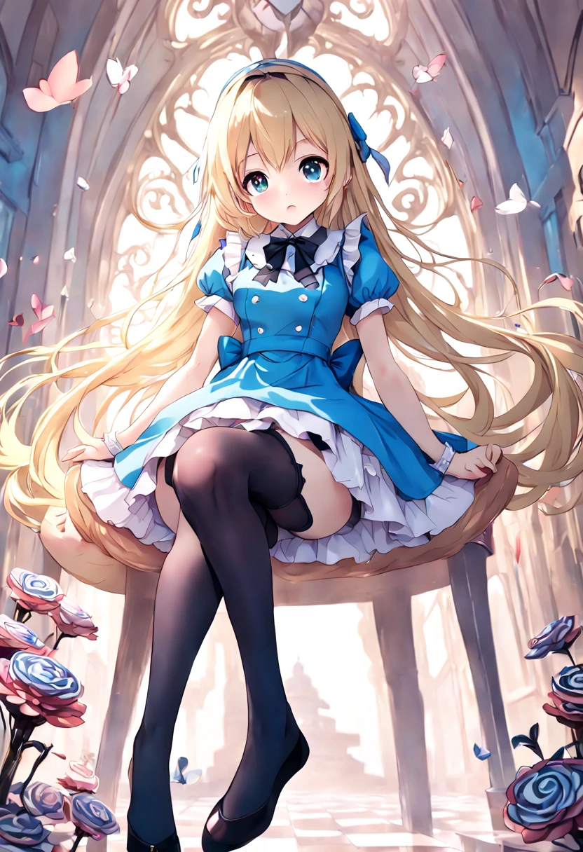 super detailed,(highest quality),((masterpiece)),(High resolution),original,Highly detailed 8K wallpaper,(very delicate and beautiful),
anime,
alice in wonderland,1girl Blonde Straight Hair Serious Stockings Sit Watch ( manga-anime , Gradient by Yumei Victor Ngai),legs spread wide、