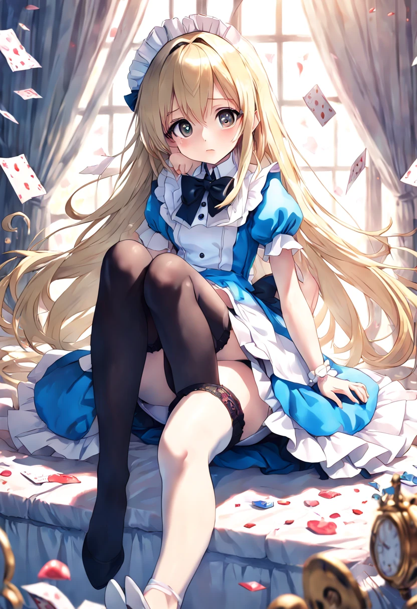 super detailed,(highest quality),((masterpiece)),(High resolution),original,Highly detailed 8K wallpaper,(very delicate and beautiful),
anime,
alice in wonderland,1girl Blonde Straight Hair Serious Stockings Sit Watch ( manga-anime , Gradient by Yumei Victor Ngai),legs spread wide、