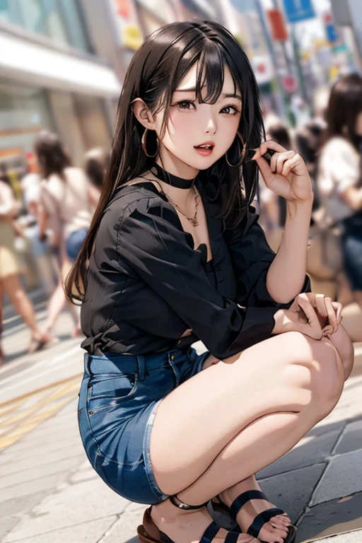 masterpiece, best quality,1girl,young girl,brown eyes,long hair,shiny skin,(nice leg line:1.3),thick thighs,thin waist,huge breasts
BREAK
, Black_bodysuit, high-waisted_shorts, platform_sandals, chain_choker_necklace, hoop_earrings,
BREAK
, Department_store,,crowd,depth of field,looking at viewer,squatting,from side,upper body,legsupsexms