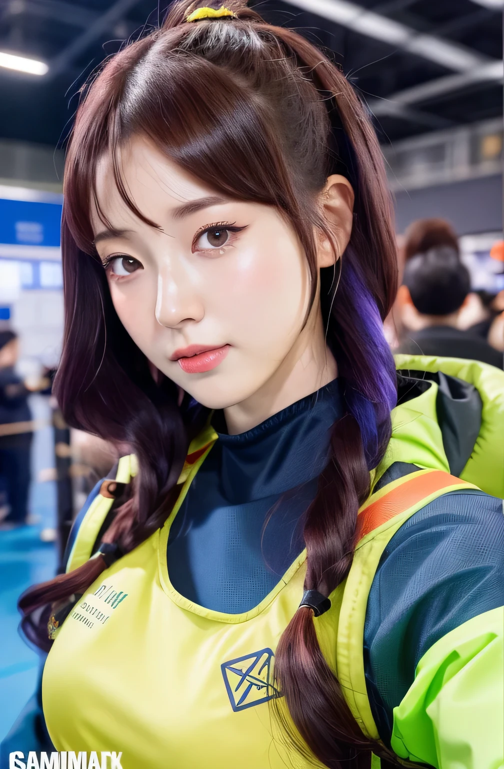 there is a woman in a costume that is posing for a picture, trending at cgstation, korean girl, sakimichan, amouranth, trending on cgstation, sakimichan frank franzzeta, inspired by Leng Mei, (sfw) safe for work, intriguing outfit, makoto shinkai ( apex legends ), as overwatch character, rainbow hair