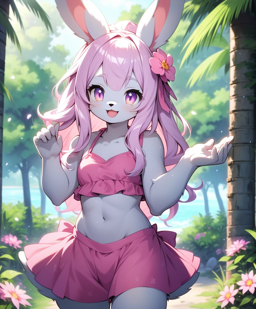 Furry Girl,Rabbit ears,pink bikini,in the forest, Sea of flowers, cowboy shooting,Smile, hair accessories, looking at the audience, One hand up, head tilt