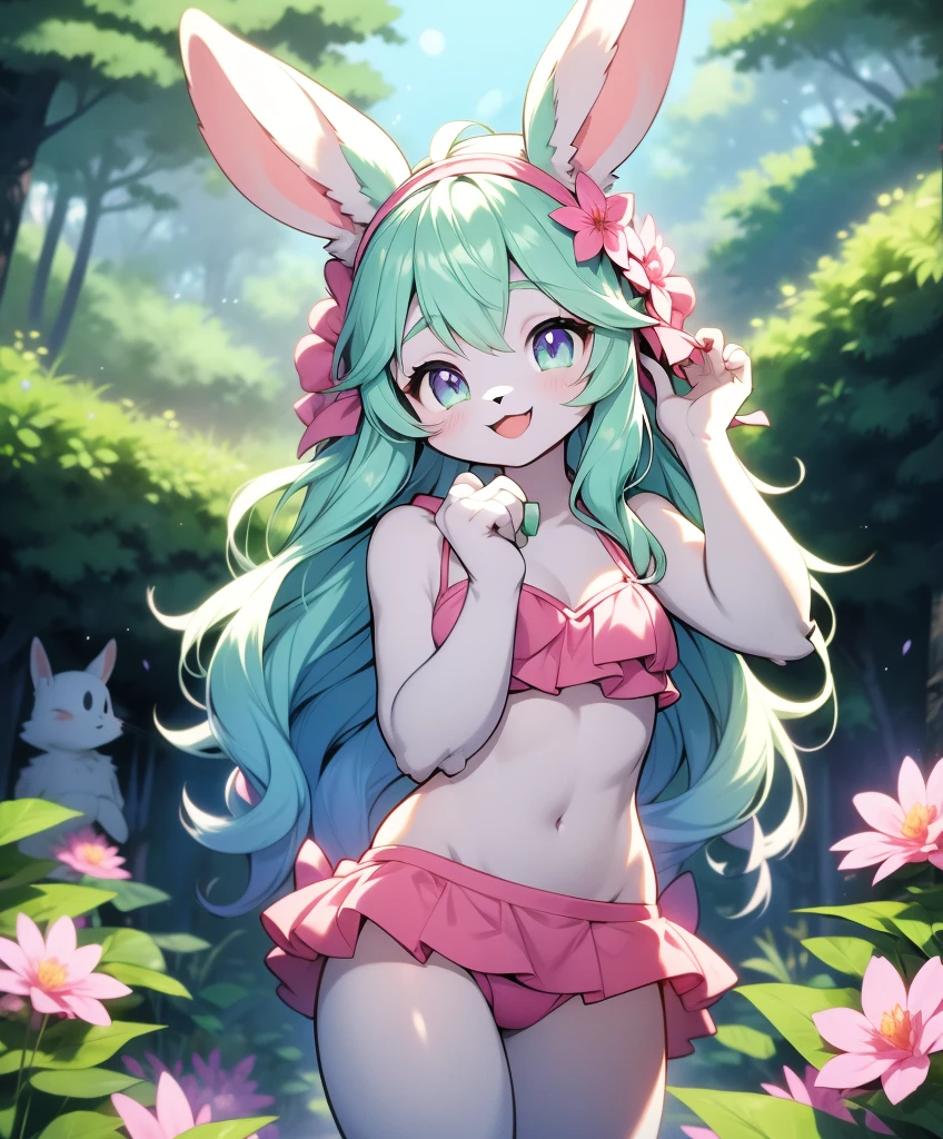 Furry Girl,Rabbit ears,pink bikini,in the forest, Sea of flowers, cowboy shooting,Smile, hair accessories, looking at the audience, One hand up, head tilt