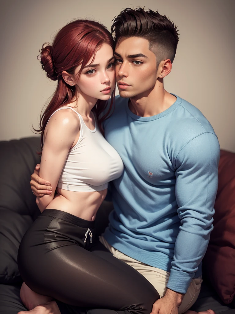 Homem de 20 anos, pele clara, corpo definido, cabelo undercut comprido, sweatpants, busto nu, kissing a girl on the cheek
