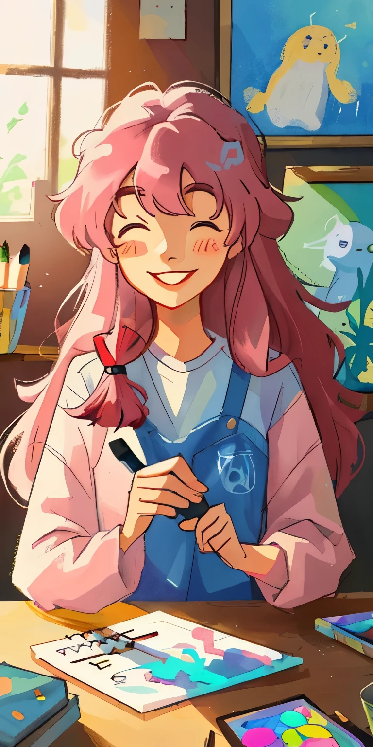 a woman with long pink hair with a wide smile holding a painting brush that glows! it is surrounded by many colored pencils, brushes and paints of many colors, warm sun sprinkling over it, adding to the playful atmosphere, --v6