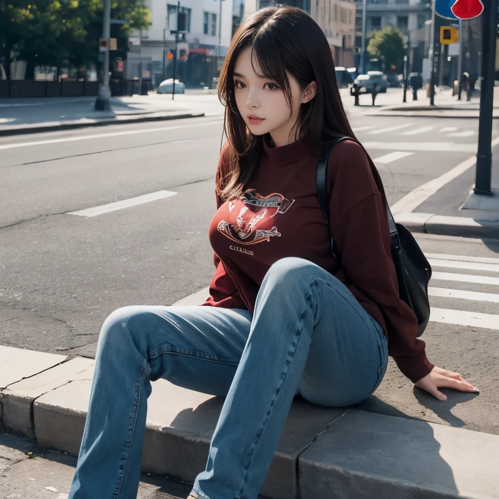 cute age girl, Height about 160cm, brown eyes, semi-long black hair, masterpiece, 最high quality, 超high quality, high quality, High resolution, ultla High resolution, disorganized, 4k, 8K, 16k, very detailed, Complex, great shading, high contrast, big breasts、Wear brown and red sweatshirts、tight blue denim、Full body shot perfect anatomy, correct anatomy, perfect proportions, perfect face, perfect hands, perfect legs, perfect fingers