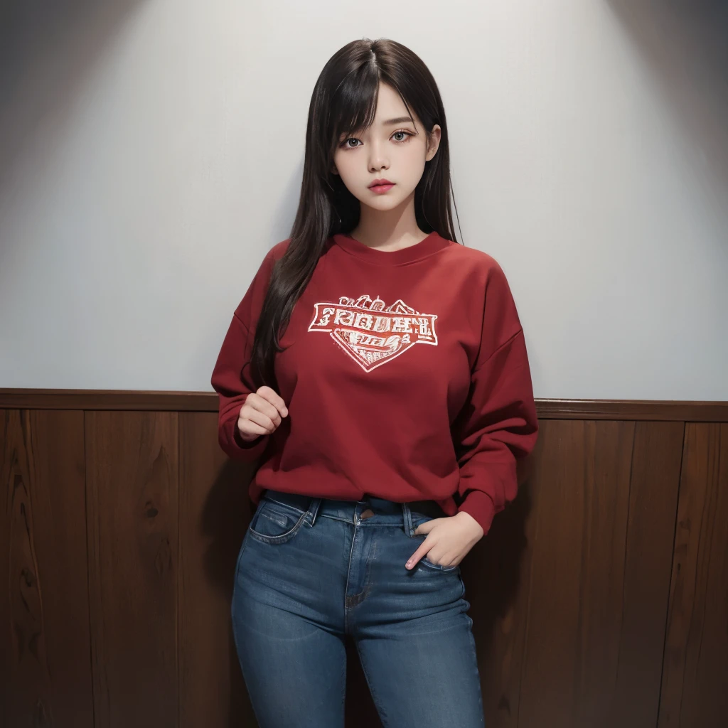 cute girl, Height about 160cm, brown eyes, semi-long black hair, masterpiece, 最high quality, 超high quality, high quality, High resolution, ultla High resolution, disorganized, 4k, 8K, 16k, very detailed, Complex, great shading, high contrast, big breasts、Wear brown and red sweatshirts、tight blue denim、Full body shot perfect anatomy, correct anatomy, perfect proportions, perfect face, perfect hands, perfect legs, perfect fingers
