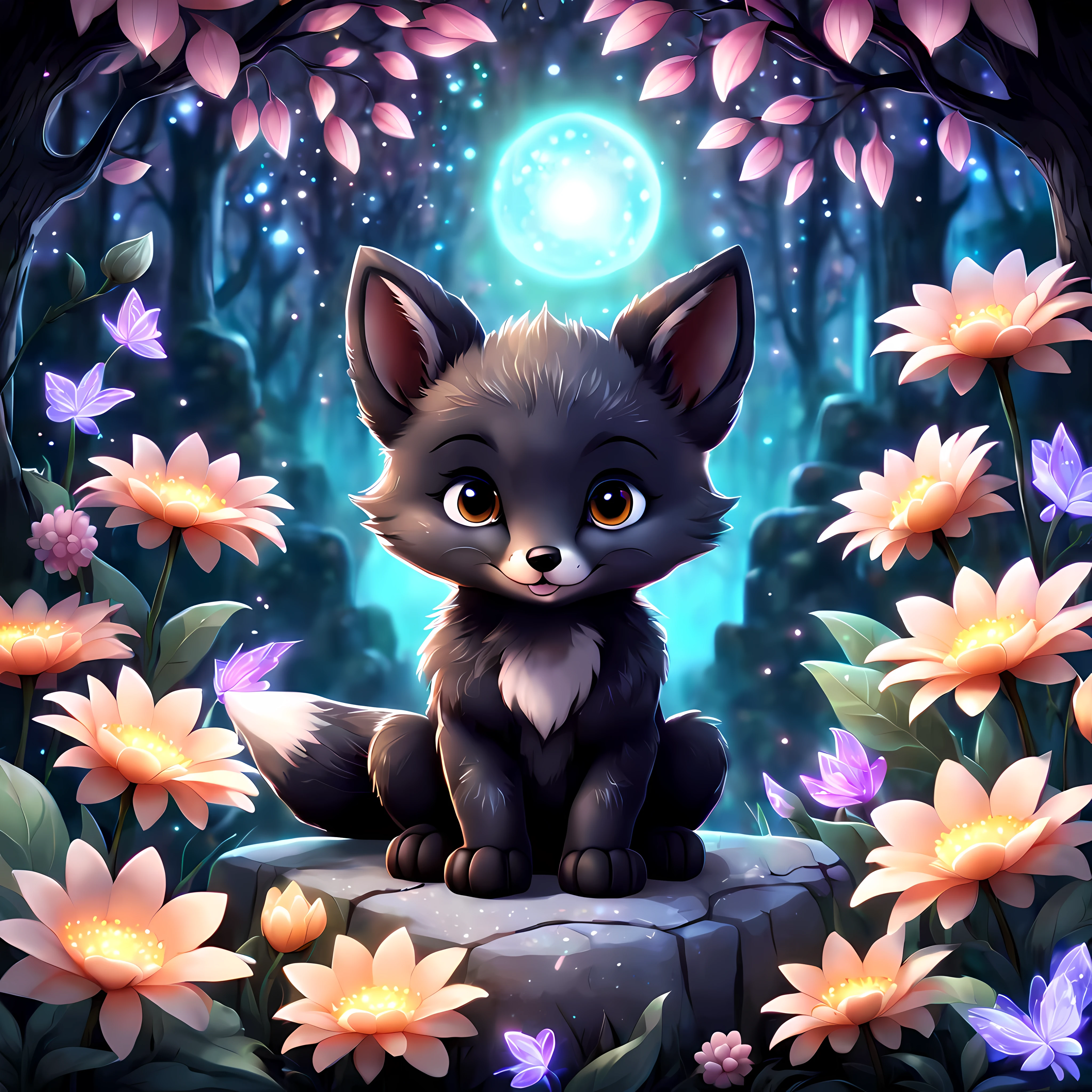(Cute cartoon style), ((symmetrical close up front view of an adorable)) black fox cub positioned on a rock and surrounded by large magical glowing ((flowers)), enchanting forest in the breathtaking night, shimmer. | ((More_Detail))