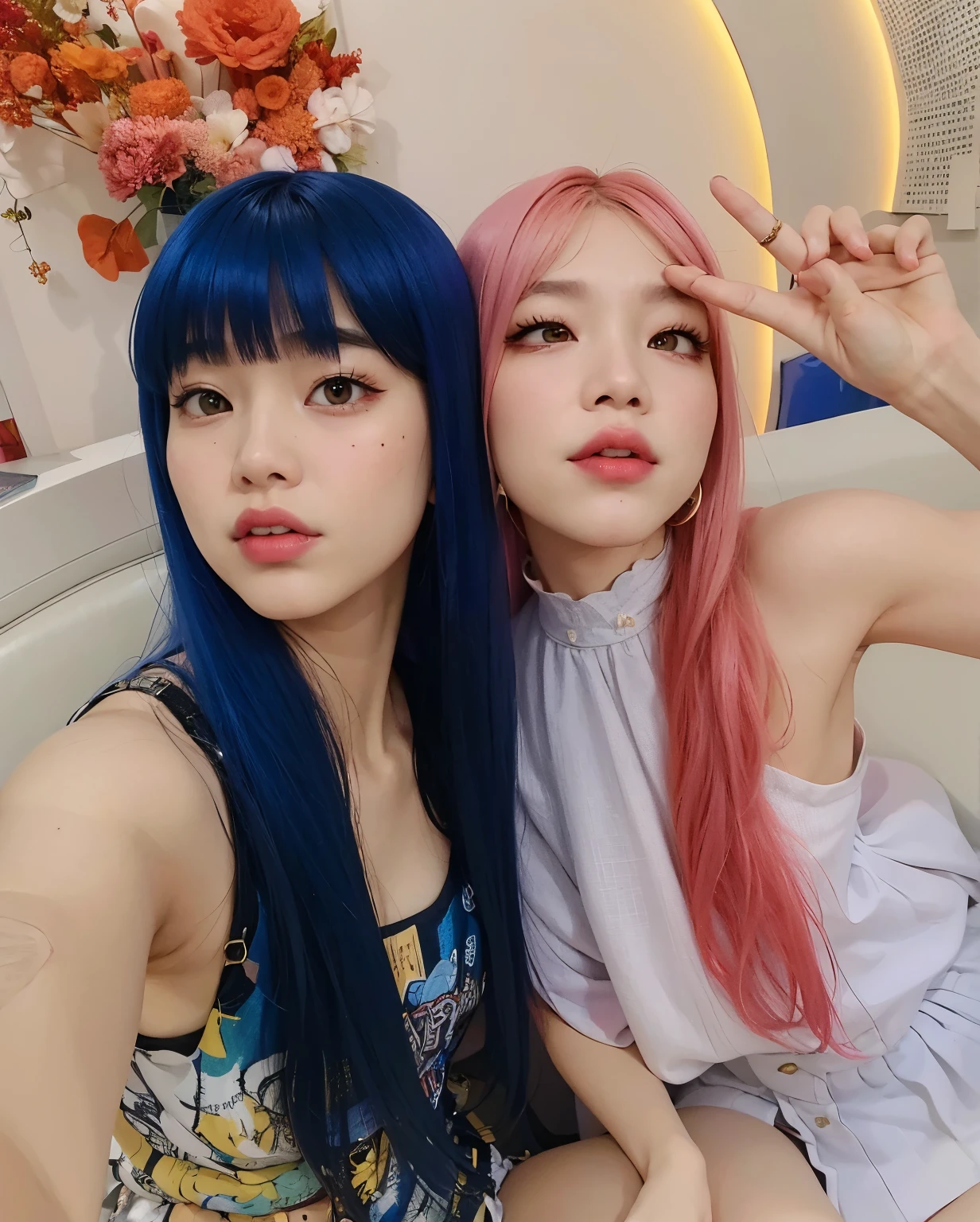(((grown woman))), 2girl, (((look at each other:1.5, close eyes))), laughing, (((hugging:1.5))), (((holding a single women's bag))), solo, choker, earrings, (((white office shirt))), (((blue hair:1.3))), ribbon, white shirt, (((sleeveless))), collared shirt, (((black pants))), upper body, hair between eyes, sleeveless shirt, medium hair, bare shoulders, (((looking at left))), (background trade center), eyelashes