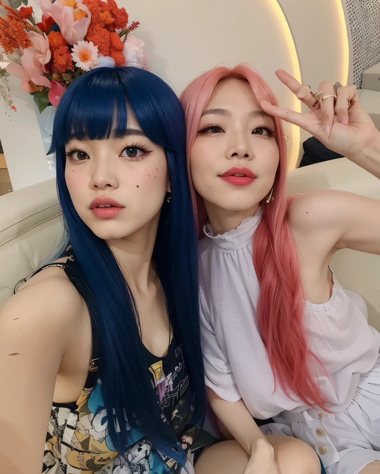 two women with long hair sitting on a couch with their hands up, kda and sam yang, nixeu and sakimichan, roseanne park of blackpink, jossi of blackpink, with ivy, with pink hair, lalisa manobal, pink and blue hair, blackpink, with blue hair, kda, twice, 🔞🤡, belle delphine