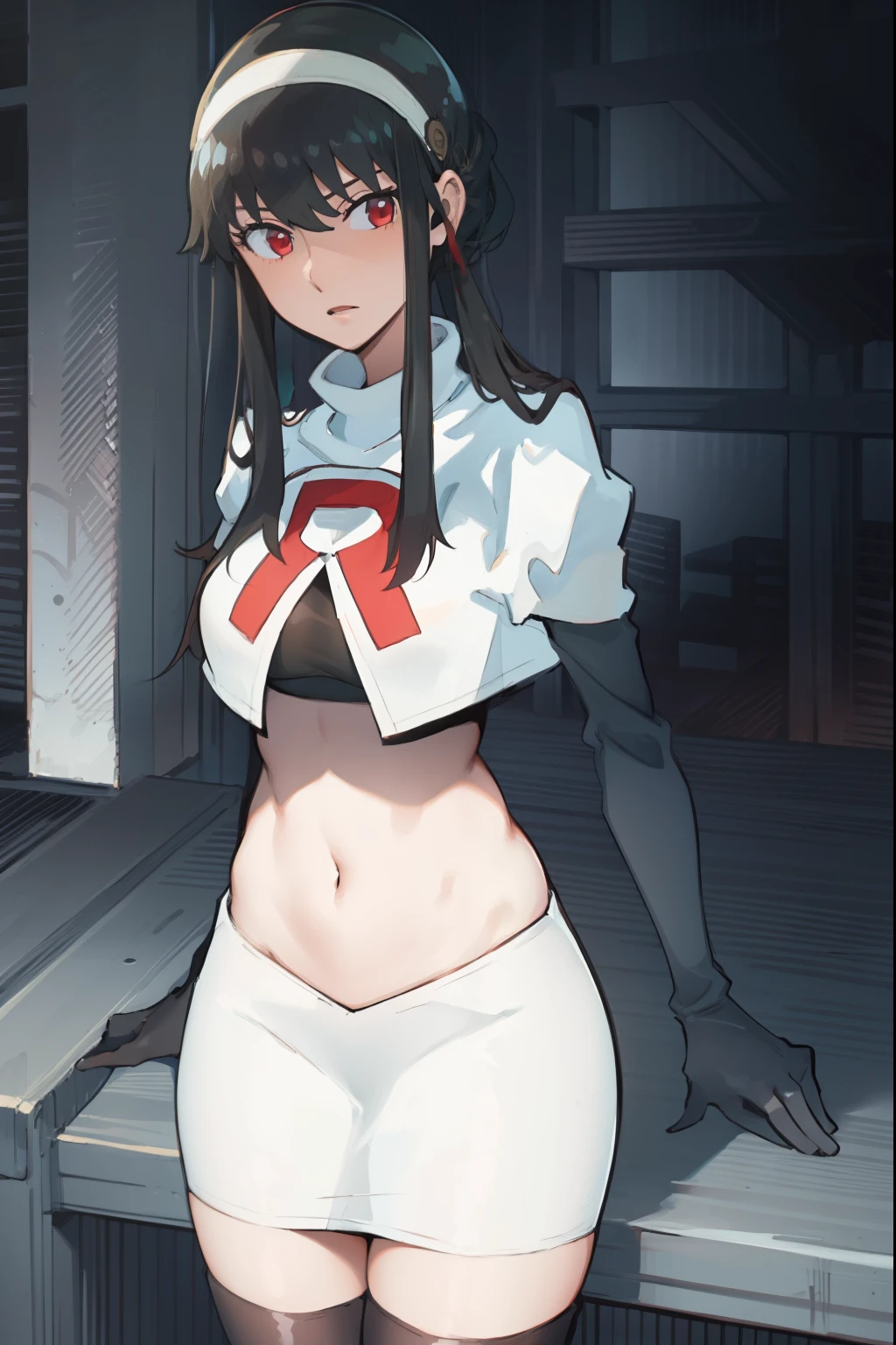 yor, 1girl, black hair, red eyes, black hair, short hair, short hair with long locks, bangs, sidelocks, white hairband,team rocket,team rocket uniform, red letter R, white skirt,white crop top,black thigh-highs,black elbow gloves,