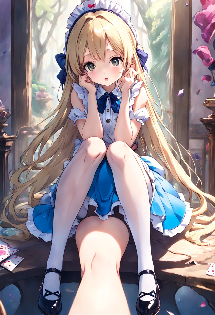 super detailed,(highest quality),((masterpiece)),(High resolution),original,Highly detailed 8K wallpaper,(very delicate and beautiful),
anime,
alice in wonderland,1girl Blonde Straight Hair Serious Stockings Sit Watch ( manga-anime , Gradient by Yumei Victor Ngai),No panties、pussy、pussyを広げて、Raise your legs、with a skirt、Make your anus look good、