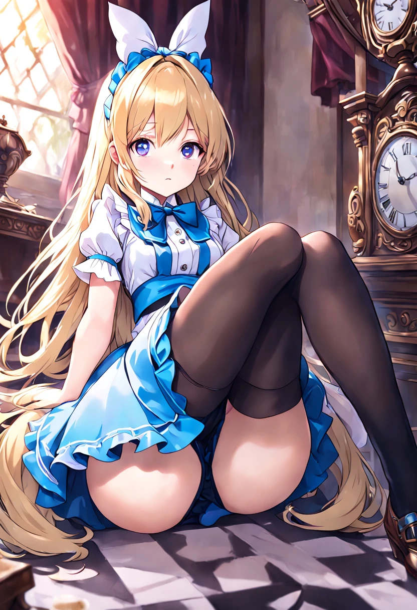 super detailed,(highest quality),((masterpiece)),(High resolution),original,Highly detailed 8K wallpaper,(very delicate and beautiful),
anime,
alice in wonderland,1girl Blonde Straight Hair Serious Stockings Sit Watch ( manga-anime , Gradient by Yumei Victor Ngai),No panties、pussy、pussyを広げて、Raise your legs、with a skirt、Make your anus look good、