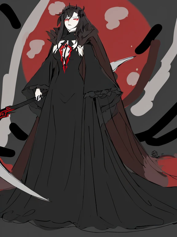 there is a drawing of a woman in a black dress holding a scythe, god of death, scary queen of death, ((wearing aristocrat robe)), yandere intricate, gapmoe yandere grimdark, character design : : gothic, eerie and grim art style, yandere. tall, beautiful female god of death, evil color scheme, full body concept