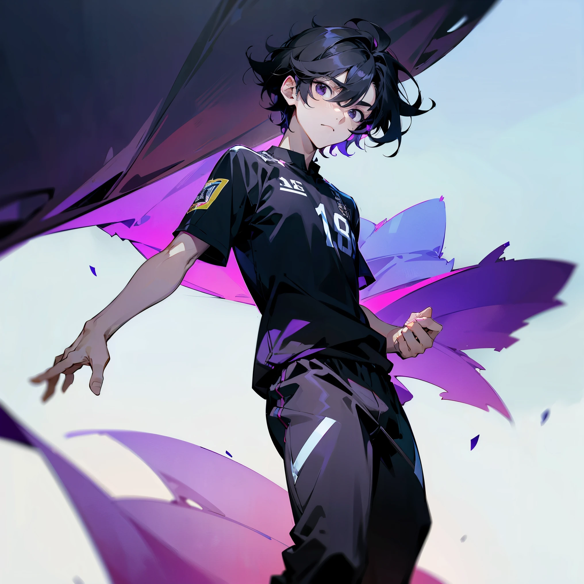 1male, Black Hair , Young Male , Soccer Jersey , Short Sleeves , Purplish Black Eyes , Lean Build , Standing on soccer field , Calm Expression , Lean Build , Medium Length
