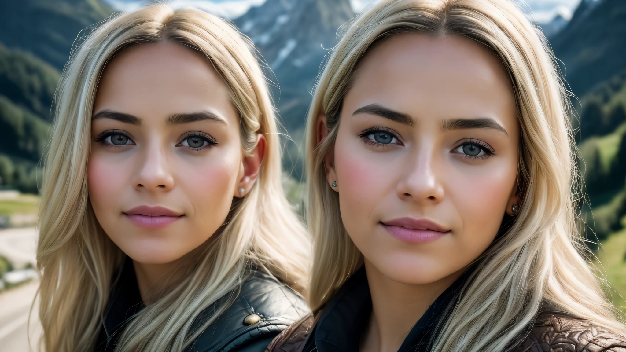 high angle of a Latina woman, with light blonde hair, The background is the village of Grindelwald, Switzerland, smile a little, natural skin texture, 24mm, 4k textures, soft cinematic light, RAW photo, photorealism, photorealistic, intricate, elegant, highly detailed, sharp focus, ((((((cinematic look)))), soft tones, insane details, intricate details, hyperdetailed, low contrast, soft cinematic light, exposure mix, hdr, faded