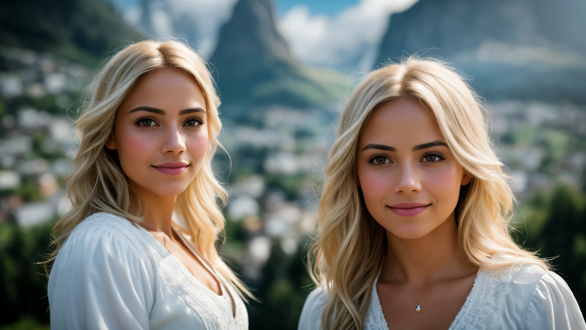 high angle of a Latina woman, with light blonde hair, The background is the village of Grindelwald, Switzerland, smile a little, natural skin texture, 24mm, 4k textures, soft cinematic light, RAW photo, photorealism, photorealistic, intricate, elegant, highly detailed, sharp focus, ((((((cinematic look)))), soft tones, insane details, intricate details, hyperdetailed, low contrast, soft cinematic light, exposure mix, hdr, faded