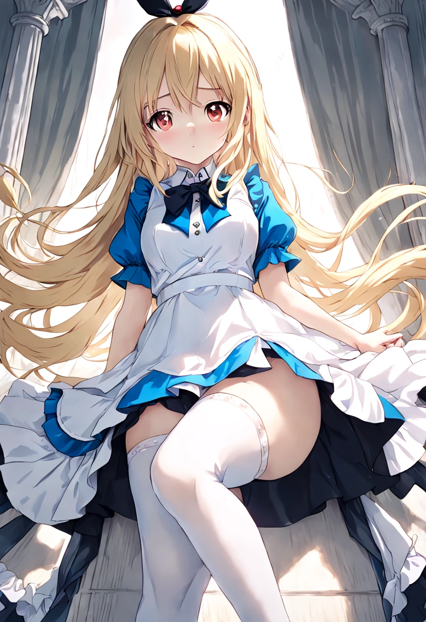 super detailed,(highest quality),((masterpiece)),(High resolution),original,Highly detailed 8K wallpaper,(very delicate and beautiful),
anime,
alice in wonderland,1girl Blonde Straight Hair Serious Stockings Sit Watch ( manga-anime , Gradient by Yumei Victor Ngai),NO Panties、Pants are lowered to the knees、white pants、Clean、golden pubic hair、Raise your legs up、spread your legs wide、holding the skirt and spreading it out、wet pussy、nsfw、