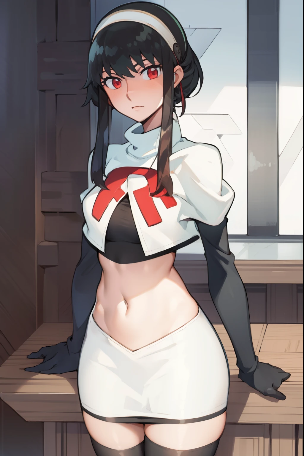 yor, 1girl, black hair, red eyes, black hair, short hair, short hair with long locks, bangs, sidelocks, white hairband,team rocket,team rocket uniform, red letter R, white skirt,white crop top,black thigh-highs,black elbow gloves,