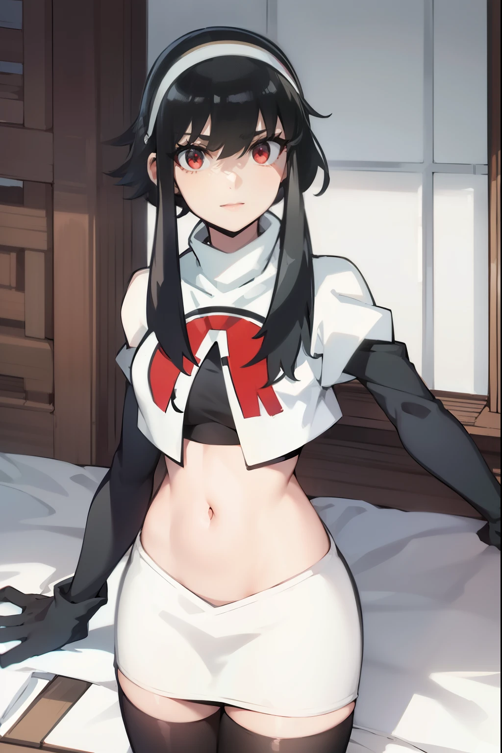 yor, 1girl, black hair, red eyes, black hair, short hair, short hair with long locks, bangs, sidelocks, white hairband,team rocket,team rocket uniform, red letter R, white skirt,white crop top,black thigh-highs,black elbow gloves,
