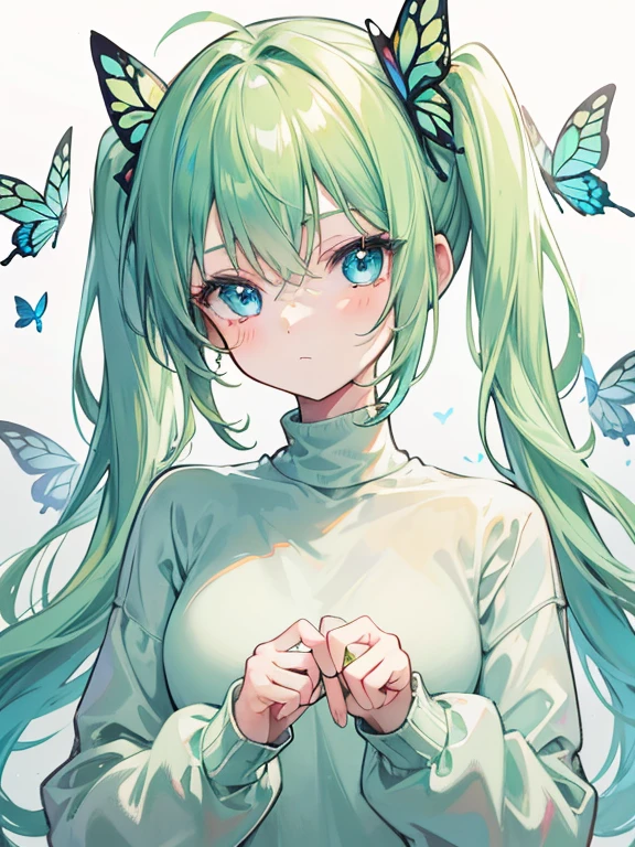 {{highest quality}}, {{masterpiece}}, {{super detailed}}, {figure}, {detailed light}, light green hair, blue eyes, girl, , butterfly, sweater, long sleeve, green sweater,twin tails,,cute,cute
