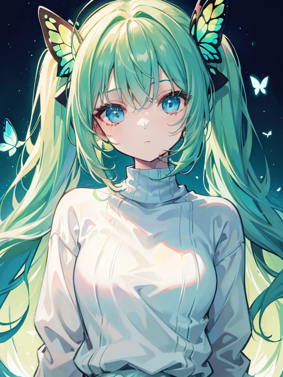 {{highest quality}}, {{masterpiece}}, {{super detailed}}, {figure}, {detailed light}, light green hair, blue eyes, girl, , butterfly, sweater, long sleeve, green sweater,twin tails,,cute,cute