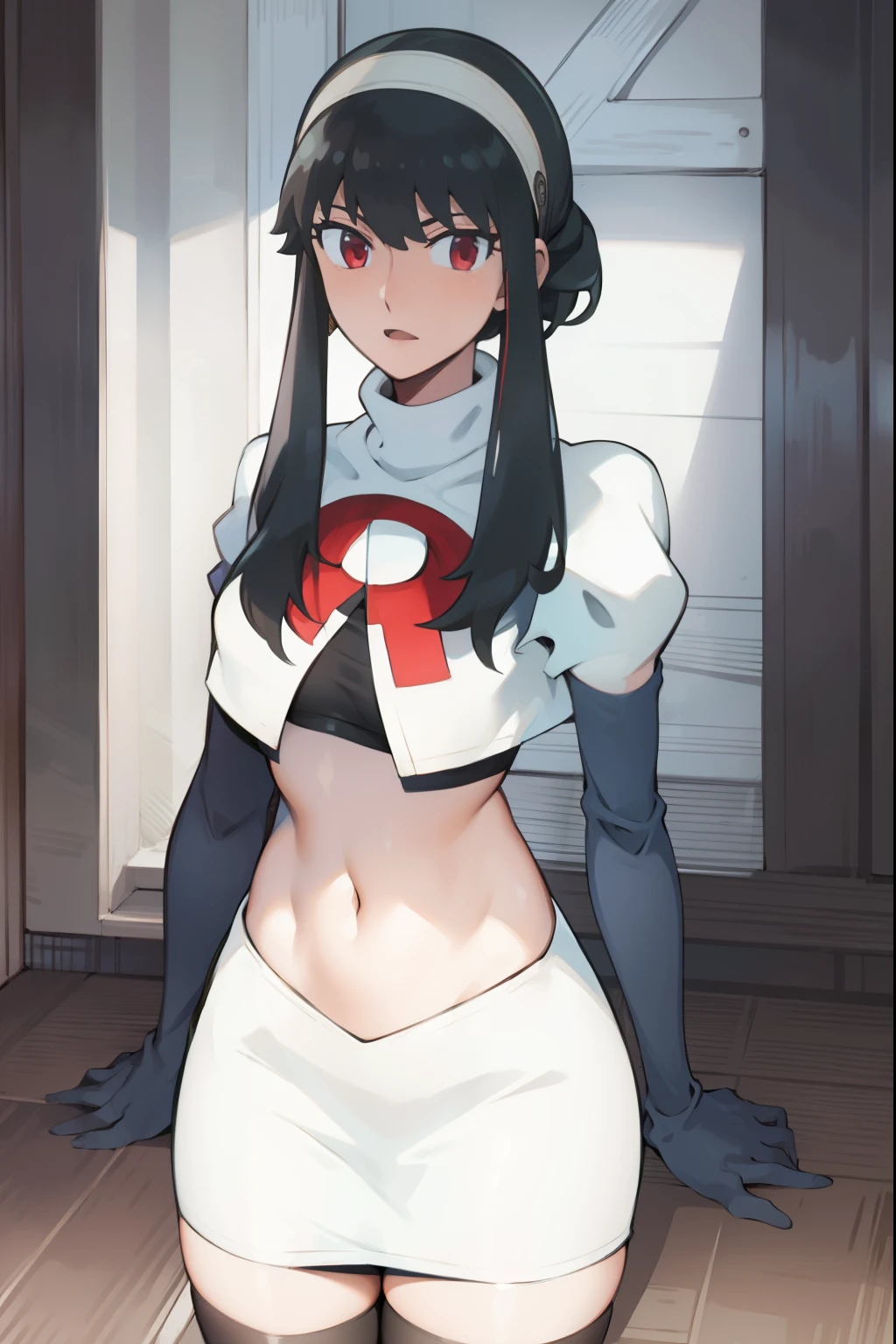 yor, 1girl, black hair, red eyes, black hair, short hair, short hair with long locks, bangs, sidelocks, white hairband,team rocket,team rocket uniform, red letter R, white skirt,white crop top,black thigh-highs,black elbow gloves,