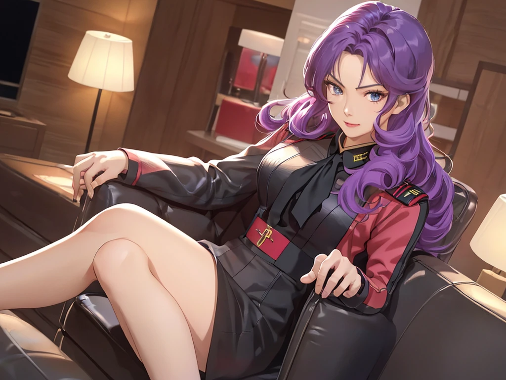 red,Pink military uniform,
purple hair ,blue eyes,lipstick, long hair,
1 girl, 20 years,young women,beautiful Finger,beautiful long legs,beautiful body,beautiful Nose,beautiful character design, perfect eyes, perfect Face,expressive eyes, looking at the audience, in the center of the image,(Light_Smile:0.5), official art,Extremely detailed CG unified 8k wallpaper, perfect Lighting,rich and colorful, bright_front_Face_灯Light,有Light泽的皮肤, (masterpiece:1.0),(the best_quality:1.0), 超high resolution,4K,Super detailed, photography, 8k, human development report, high resolution, ridiculous:1.2, Kodak Portrait 400, film grain, blurred background, Bokeh:1.2, 镜头Light晕, (energetic_color:1.2) (beautiful,big deal_breast:1.0), (beautiful_Face:1.5),(narrow_waist)  full body sitting position, wear, elite, velvet, deep Purple, small tie. he himself, boss, momentum, Full HD, ......International Organization for Standardization, The law office features modern design furniture, 包括black色和灰色皮革软垫的扶手椅, Chrome base tempered glass coffee table, 实木会议桌搭配black色皮椅, There is also a built-in bookcase，Inside there are law books bound in brown leather. ?" 其 11 叶片圆形Light圈和 XA 镜头元件一起提供了漂亮的Bokeh效果. also, 镜头配备Light圈环，You can switch between no-click and no-click actions, a dust and moisture resistant design, and four XD linear autofocus motors，Provides fast and accurate autofocus and tracking. 这款镜头为索尼photography师提供了出色的人像拍摄工具, night view, 和一般photography."Legs up, Sitting on the sofa, black, black色高跟鞋，elegant, masterpiece, complex, actual, the bestquality, Internal, luxury villa, High facial detail, perfect eyes, mature woman, 