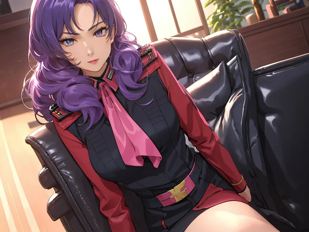 red,Pink military uniform,
purple hair ,blue eyes,lipstick, long hair,
1 girl, 20 years,young women,beautiful Finger,beautiful long legs,beautiful body,beautiful Nose,beautiful character design, perfect eyes, perfect Face,expressive eyes, looking at the audience, in the center of the image,(Light_Smile:0.5), official art,Extremely detailed CG unified 8k wallpaper, perfect Lighting,rich and colorful, bright_front_Face_灯Light,有Light泽的皮肤, (masterpiece:1.0),(the best_quality:1.0), 超high resolution,4K,Super detailed, photography, 8k, human development report, high resolution, ridiculous:1.2, Kodak Portrait 400, film grain, blurred background, Bokeh:1.2, 镜头Light晕, (energetic_color:1.2) (beautiful,big deal_breast:1.0), (beautiful_Face:1.5),(narrow_waist)  full body sitting position, wear, elite, velvet, deep Purple, small tie. he himself, boss, momentum, Full HD, ......International Organization for Standardization, The law office features modern design furniture, 包括black色和灰色皮革软垫的扶手椅, Chrome base tempered glass coffee table, 实木会议桌搭配black色皮椅, There is also a built-in bookcase，Inside there are law books bound in brown leather. ?" 其 11 叶片圆形Light圈和 XA 镜头元件一起提供了漂亮的Bokeh效果. also, 镜头配备Light圈环，You can switch between no-click and no-click actions, a dust and moisture resistant design, and four XD linear autofocus motors，Provides fast and accurate autofocus and tracking. 这款镜头为索尼photography师提供了出色的人像拍摄工具, night view, 和一般photography."Legs up, Sitting on the sofa, black, black色高跟鞋，elegant, masterpiece, complex, actual, the bestquality, Internal, luxury villa, High facial detail, perfect eyes, mature woman, 