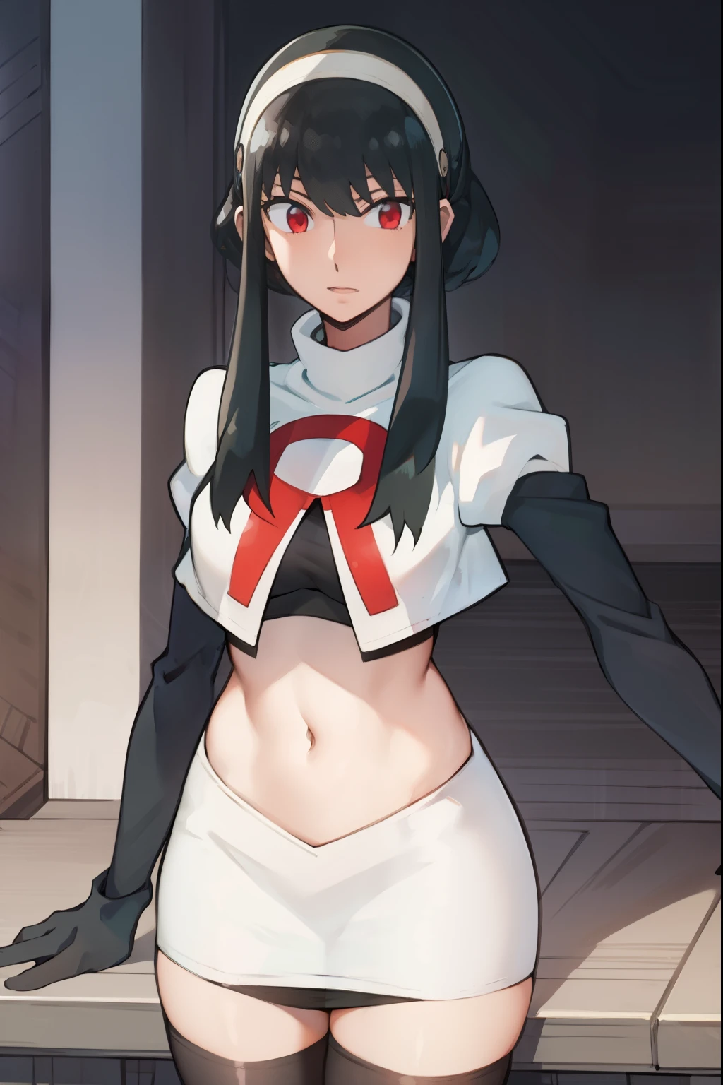 yor, 1girl, black hair, red eyes, black hair, short hair, short hair with long locks, bangs, sidelocks, white hairband,team rocket,team rocket uniform, red letter R, white skirt,white crop top,black thigh-highs,black elbow gloves,