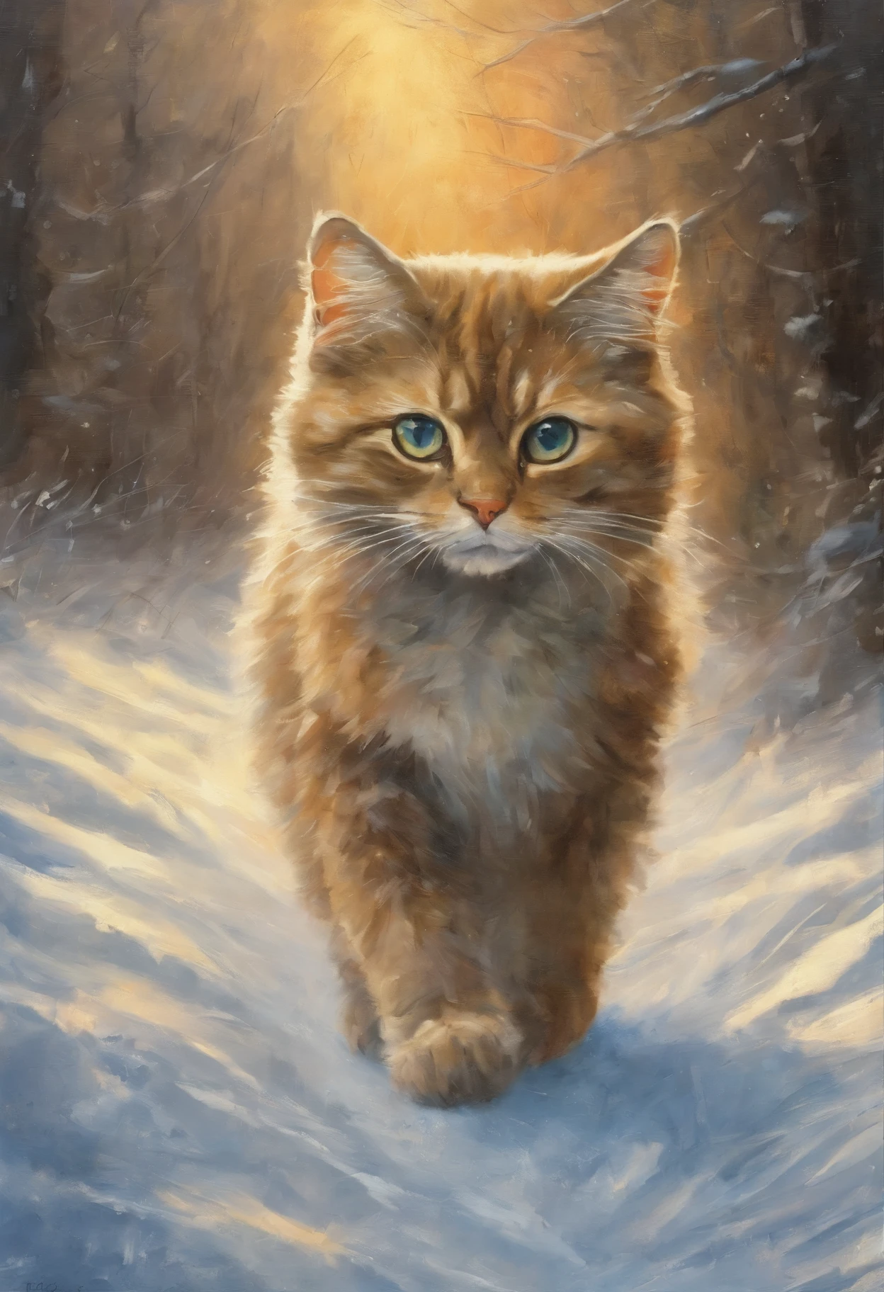 a painting of a cat walking along snow-covered railway tracks, ,The soul of a red cat, the railway goes into the sky, snow, snowfall, railway tracks, train, cat tracks, Andrzej Wroblewski, Andrei Gordeev, Relya Penezich, a painting of a cat, based on Raymond Leach, Tadeusz Pruszkowski, a painting of a cat By Brian Thomas, by Pavel Fedotov