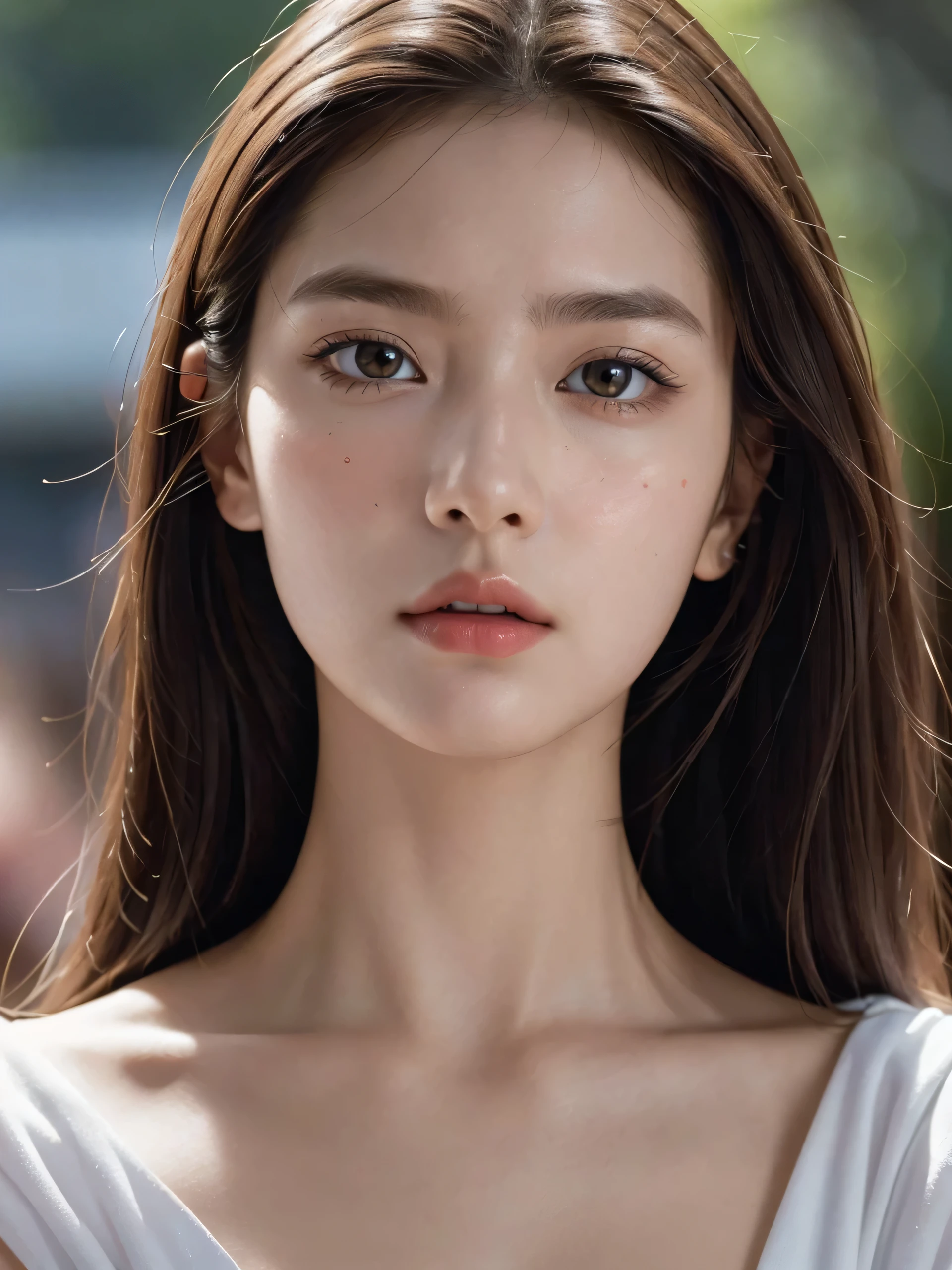 masterpiece, highest quality, Super detailed, 8K portrait,1 girl,beautiful face, wild, Severe, close up of face, focus on face, I turned my head and looked up at the tall person directly in front of me., looking at the viewer, Staring from below with strong will, beautiful double eyelids, fine eyes, fine skin, like々fresh and vibrant skin, Goddess of battle,