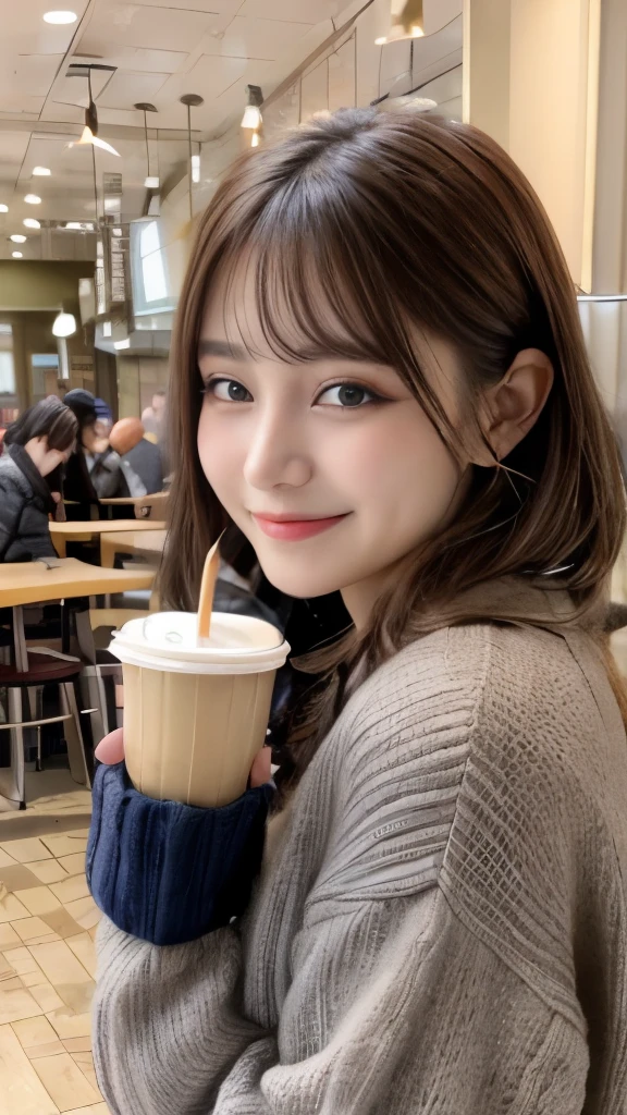 high resolution、Transparency、Brown Hair、Curly Hair、A woman wearing a white transparent dress is drinking coffee alone at a cafe。The mouth is smiling