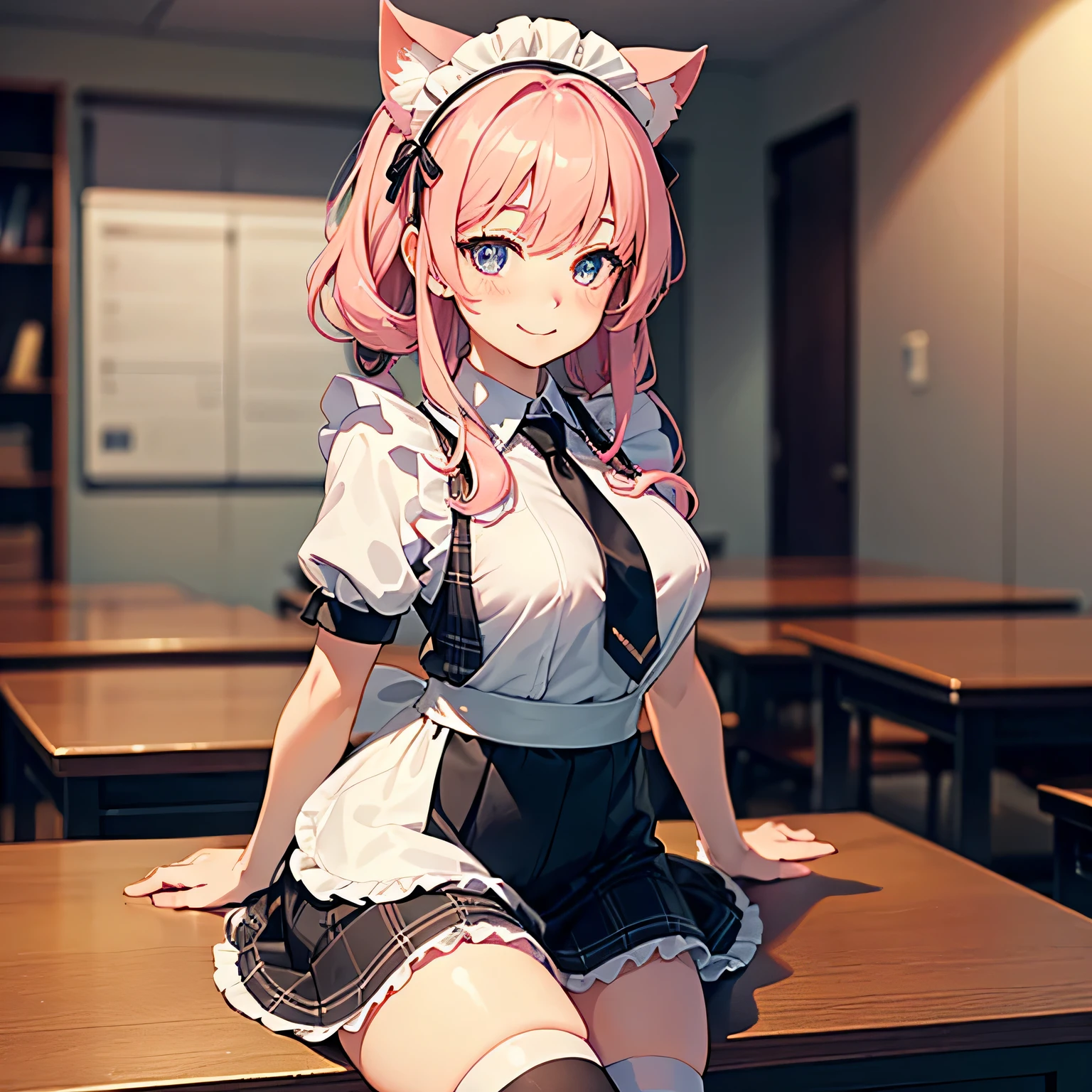 ((table top, highest quality, High resolution, perfect pixel, 4K,)), 1 girl, Beautiful woman、I could see the whole body、RAW photo, absurd, award winning portrait, concentrate,masterpiece, highest quality, High resolution,8K, Complex, elegant, very detailed,dynamic lighting,(blurred background:1) 、((pink hair)), ((pink tie cat ears)), ((anime girl)), ((detailed face, blush:1.2)), (((Lie on your side))), ((head tilt)), ((smooth texture:0.75, realistic texture:0.65, realistic:1.1, Anime CG style))、big breasts、smile like an idol、classroom without people、((black maid outfit, white shirt, black skirt, )、((she'She's definitely wearing a maid outfit))、((plaid skirt、white knee-high sox)),