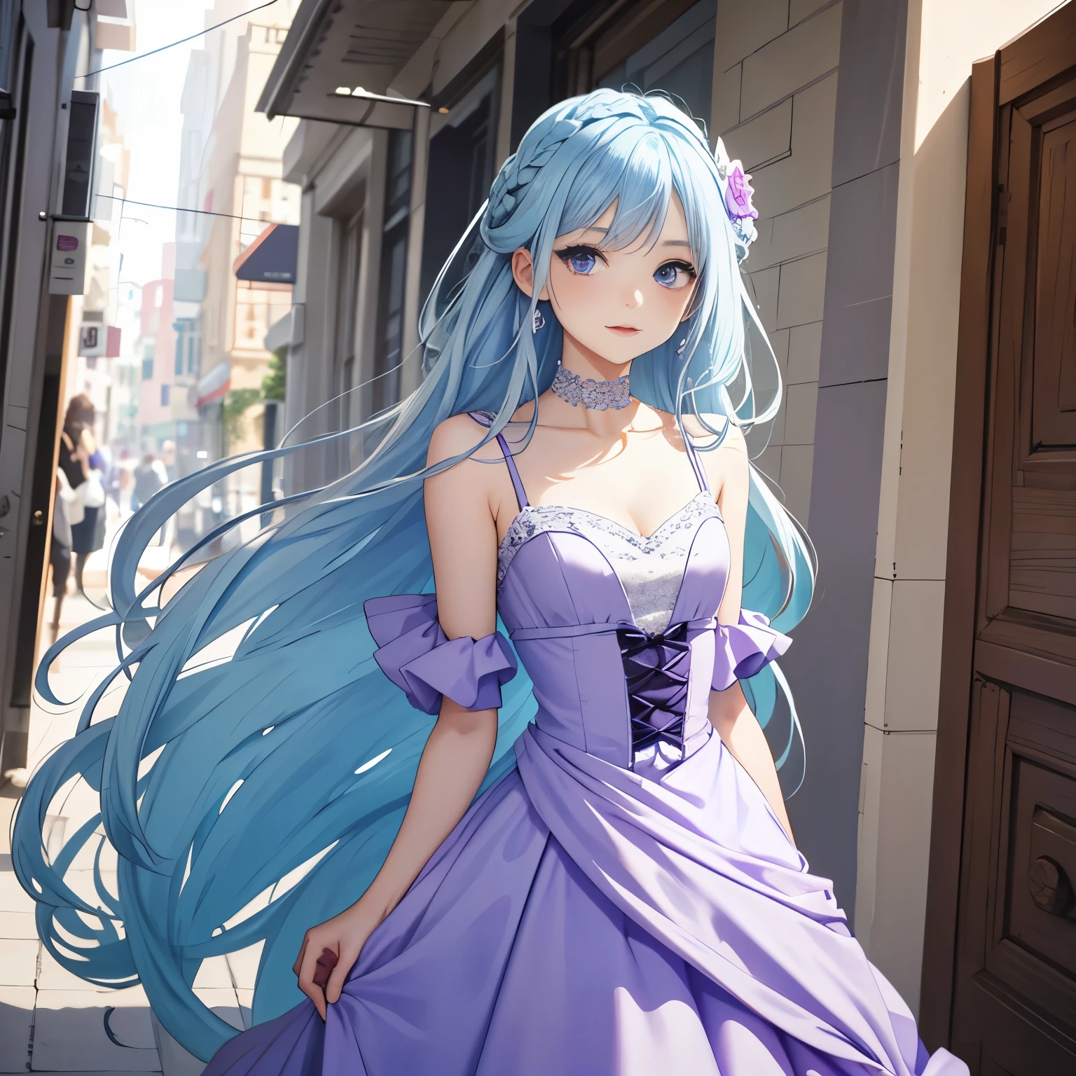 Young woman, long hair, knee legnth hair, very light blue hair, thick braid, broad shoulders, flat chested, light pale purple dress, ballgown