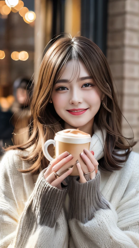 winter makeup、Winter is coming soon、A smile、Longhaire、Cafe in one hand、 trending fashion、whole body