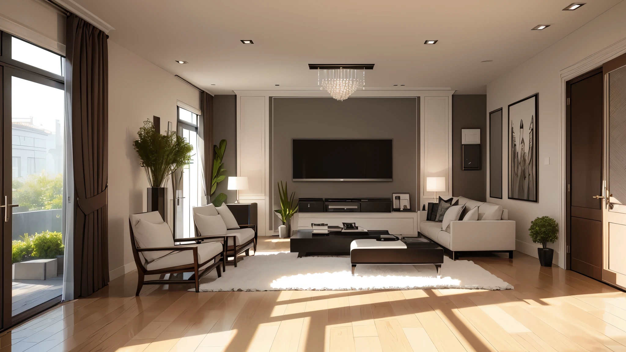 You are a famous interior designer、You have been asked to create a 3D image of a modern large room. Create a harmonious environment with modern and minimalist furniture. Including garden interior.