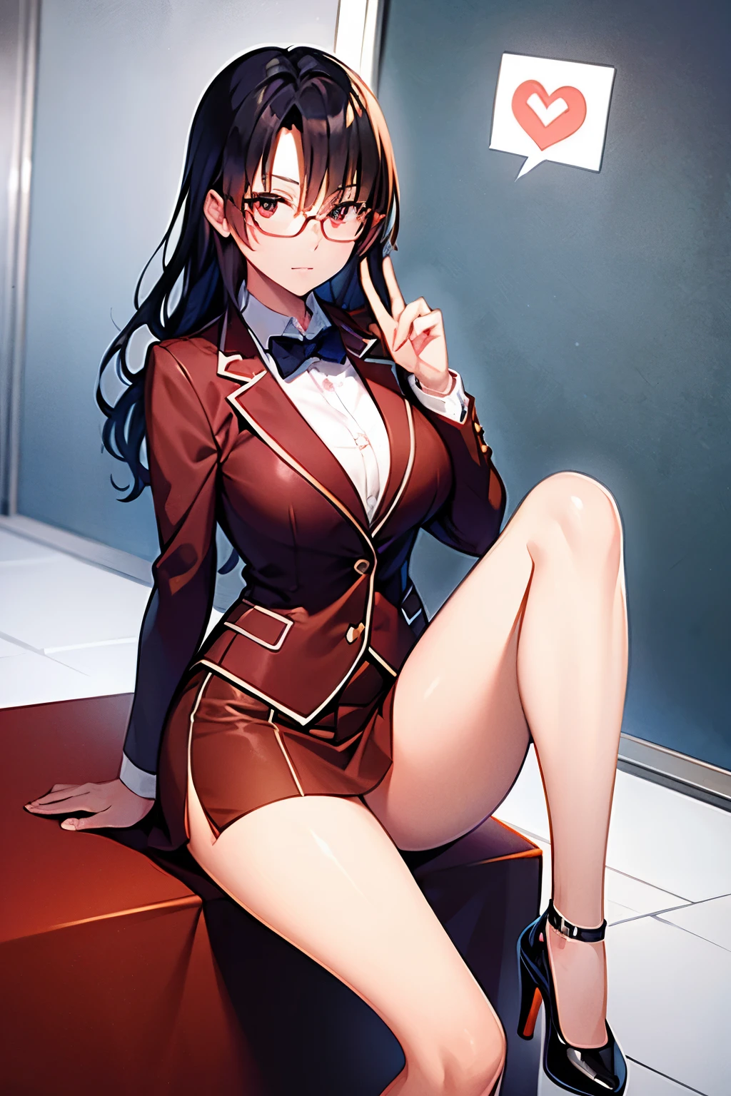 1 woman、black hair、teacher　red glasses　white jacket　open chest black shirt　white three-quarter length pantsuit　black high heels　pearl earrings in both ears、big breasts、angry face、Are standing　Pointing、School　corridor