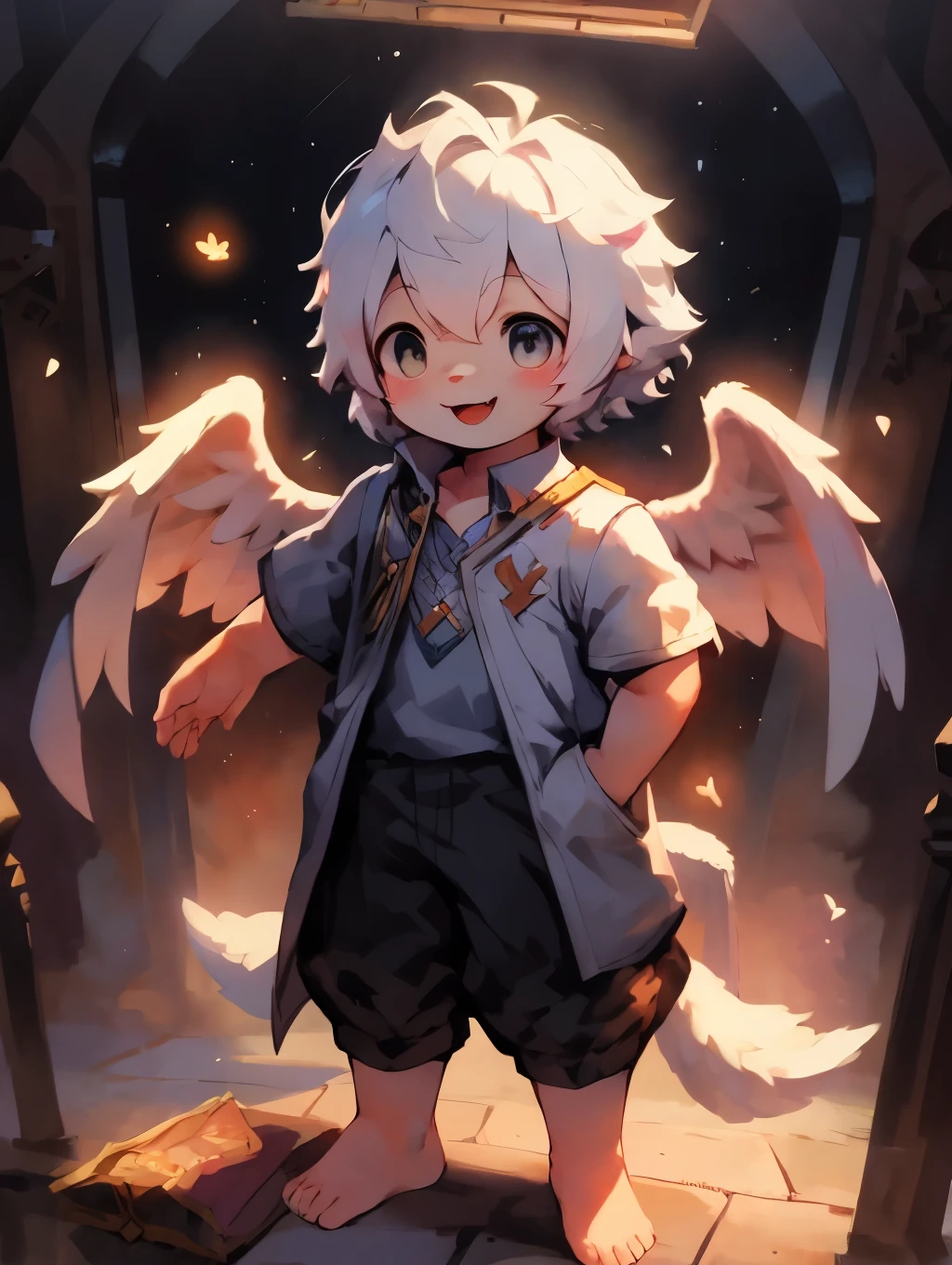 ，white hair ，male，Q version，（toddler，baby）， Lovely， stand up， Master masterpieces， high resolution，8k，Detailed background，high quality，horny boy，（（（solo））），(angel wings，angel halo，White clothes，barefoot：0.6)，looking at the audience，perspective，from above，dreamlike，magic，Baiyun，（Warm light source：1.2），upper sky，on cloud，a happy expression，shorter pants