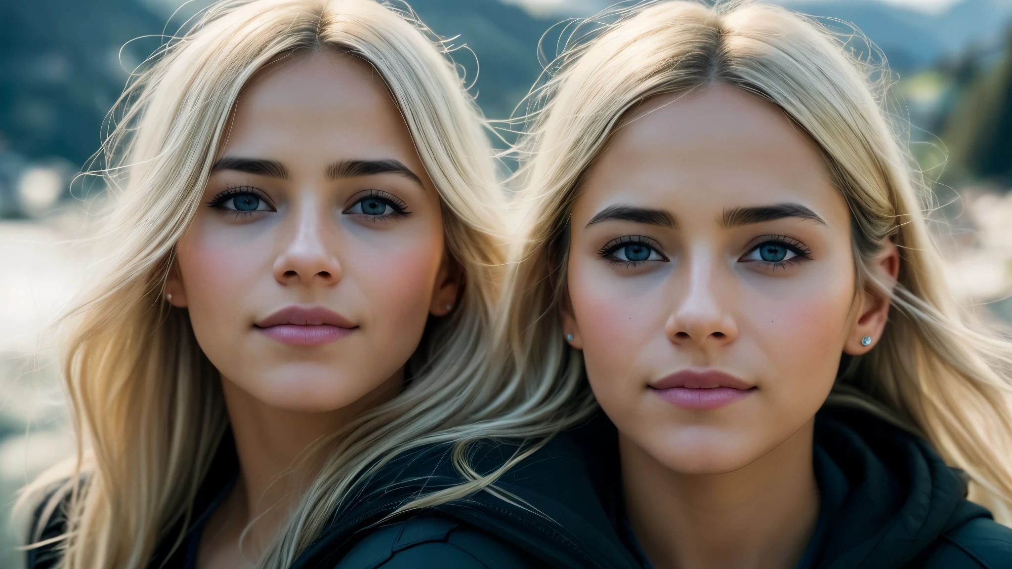 high angle of a Latina woman, with light blonde hair, The background is the village of Grindelwald, Switzerland, smile a little, natural skin texture, 24mm, 4k textures, soft cinematic light, RAW photo, photorealism, photorealistic, intricate, elegant, highly detailed, sharp focus, ((((((cinematic look)))), soft tones, insane details, intricate details, hyperdetailed, low contrast, soft cinematic light, exposure mix, hdr, faded