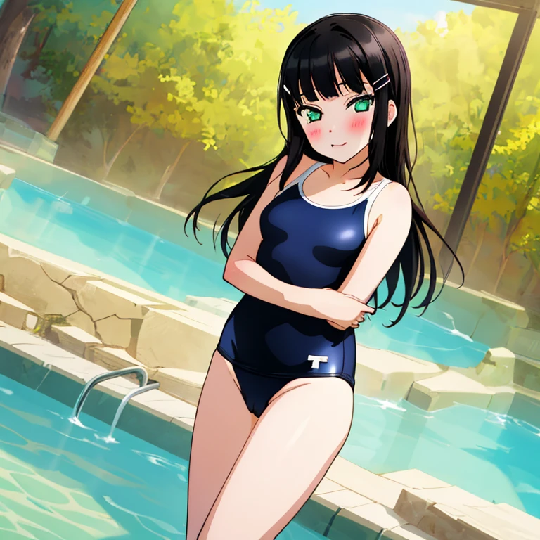 masterpiece,best quality,ultra detailed, best illustration, nsfw, 1girl, black_hair, bangs, long_hair, hair_ornament, blunt_bangs, blush, green_eyes, hairclip, aqua_eyes, T46405, blue one-piece swimsuit